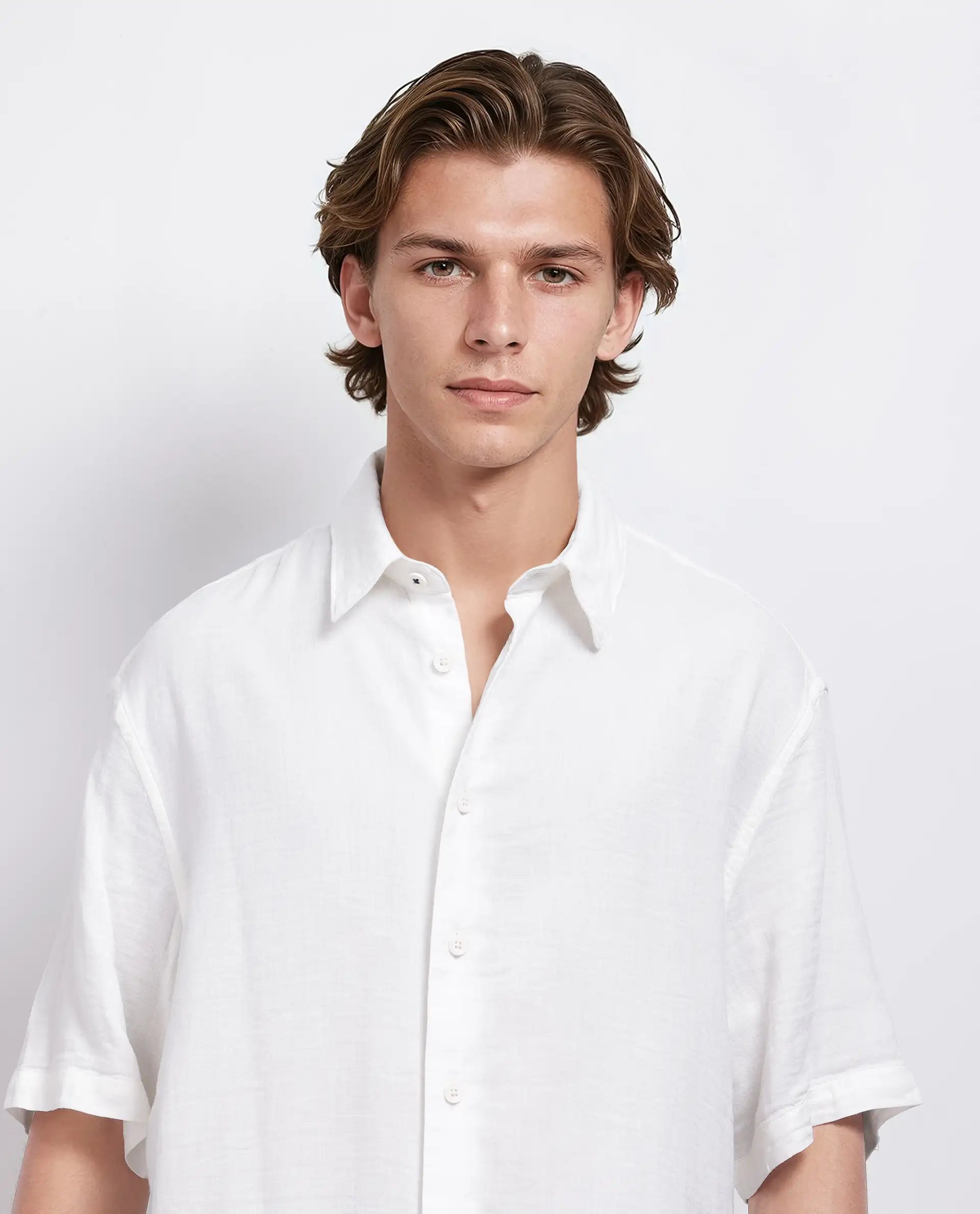 Rare Rabbit Men's Layerr Ss-25 White Cotton Viscose Fabric Short Sleeves Spread Collar Boxy Fit Plain Shirt