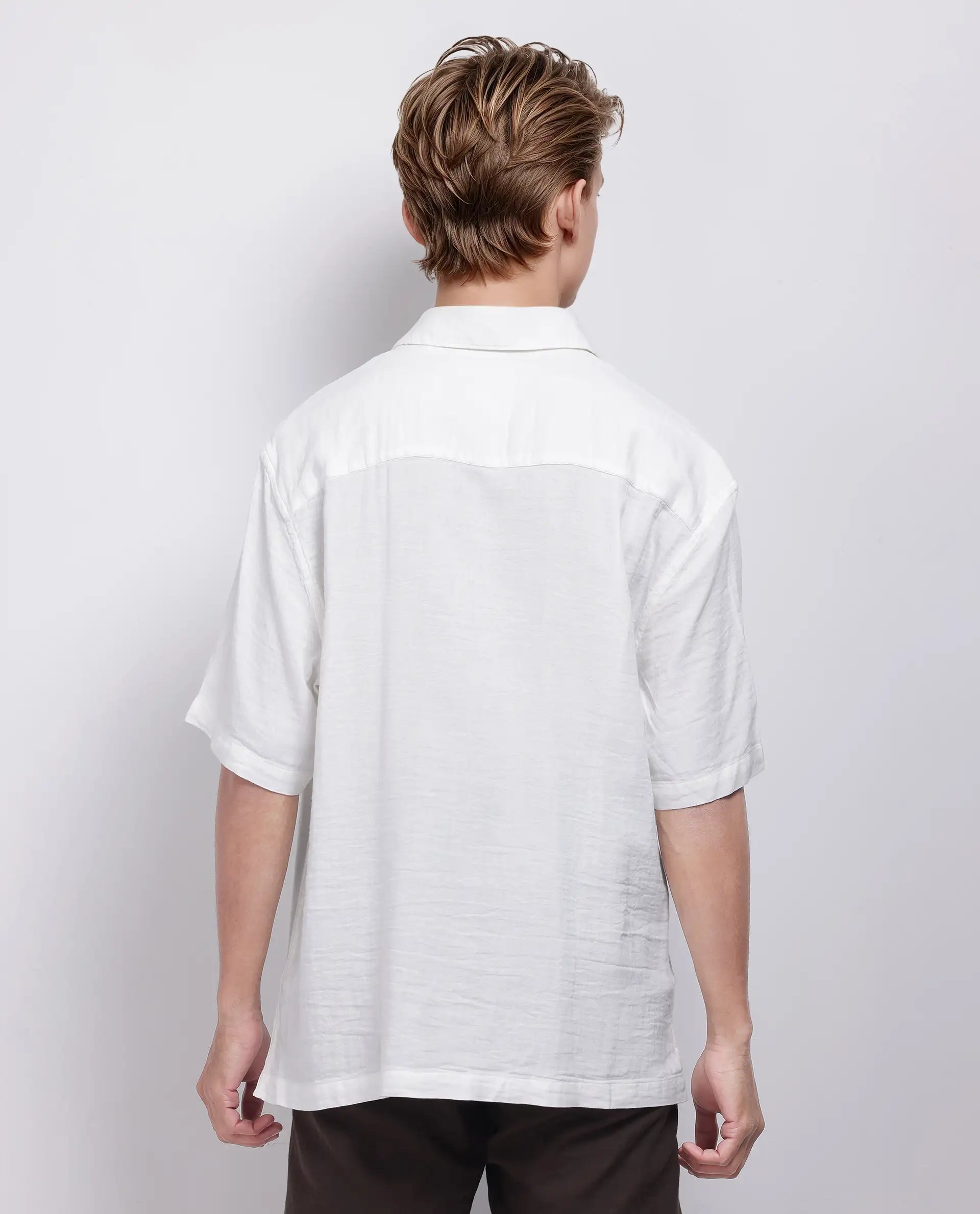 Rare Rabbit Men's Layerr Ss-25 White Cotton Viscose Fabric Short Sleeves Spread Collar Boxy Fit Plain Shirt