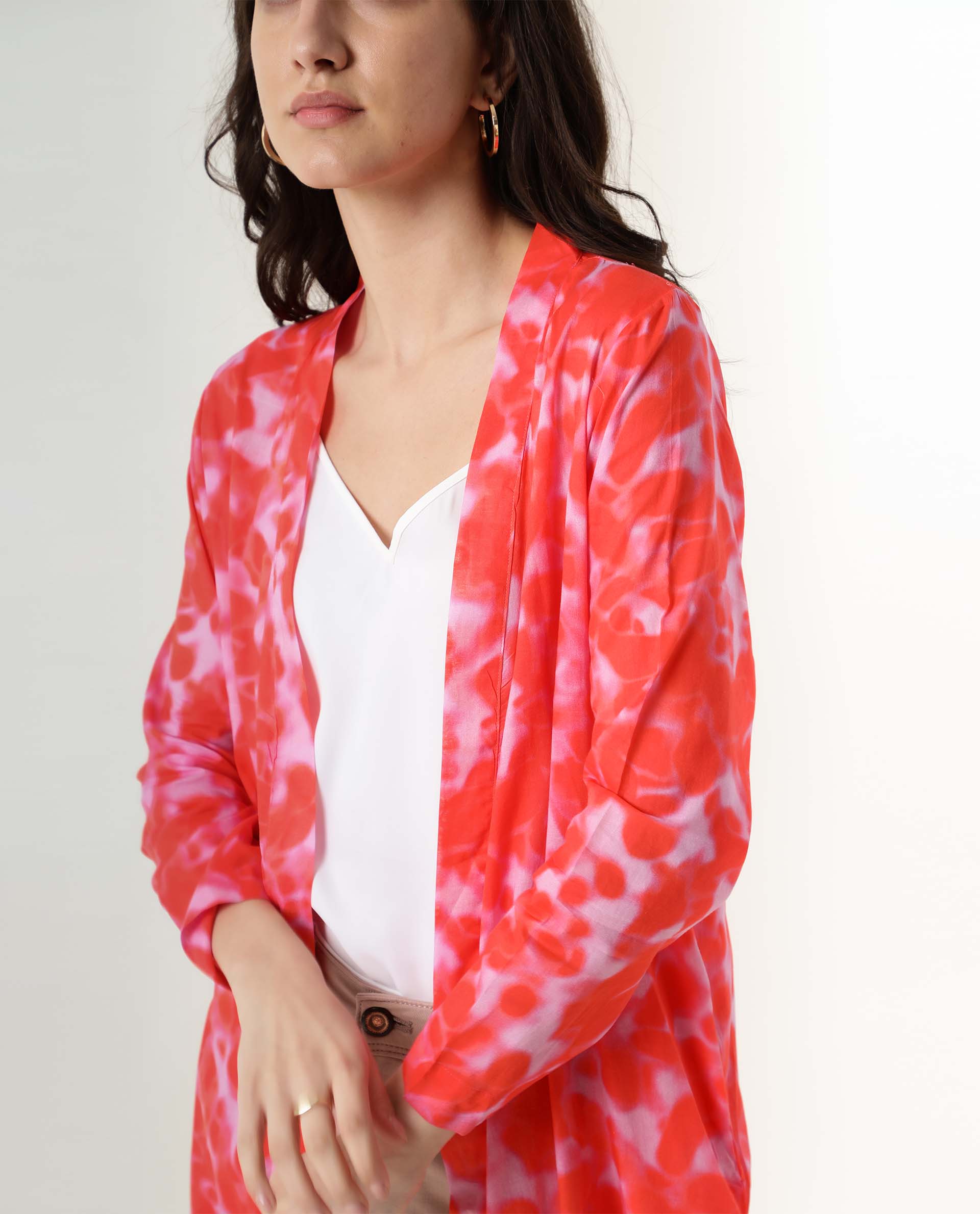 Rareism Women Lays Dark Red Cotton Fabric Regular Fit Abstract Print Collarless Outer Wear