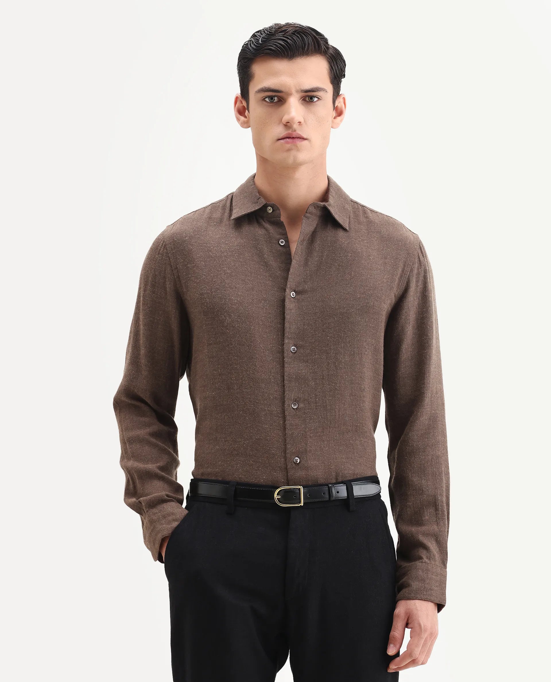 Rare Rabbit Men's Layt Dark Brown Cotton Blend Fabric Spread Collar Regular Fit Plain Shirt