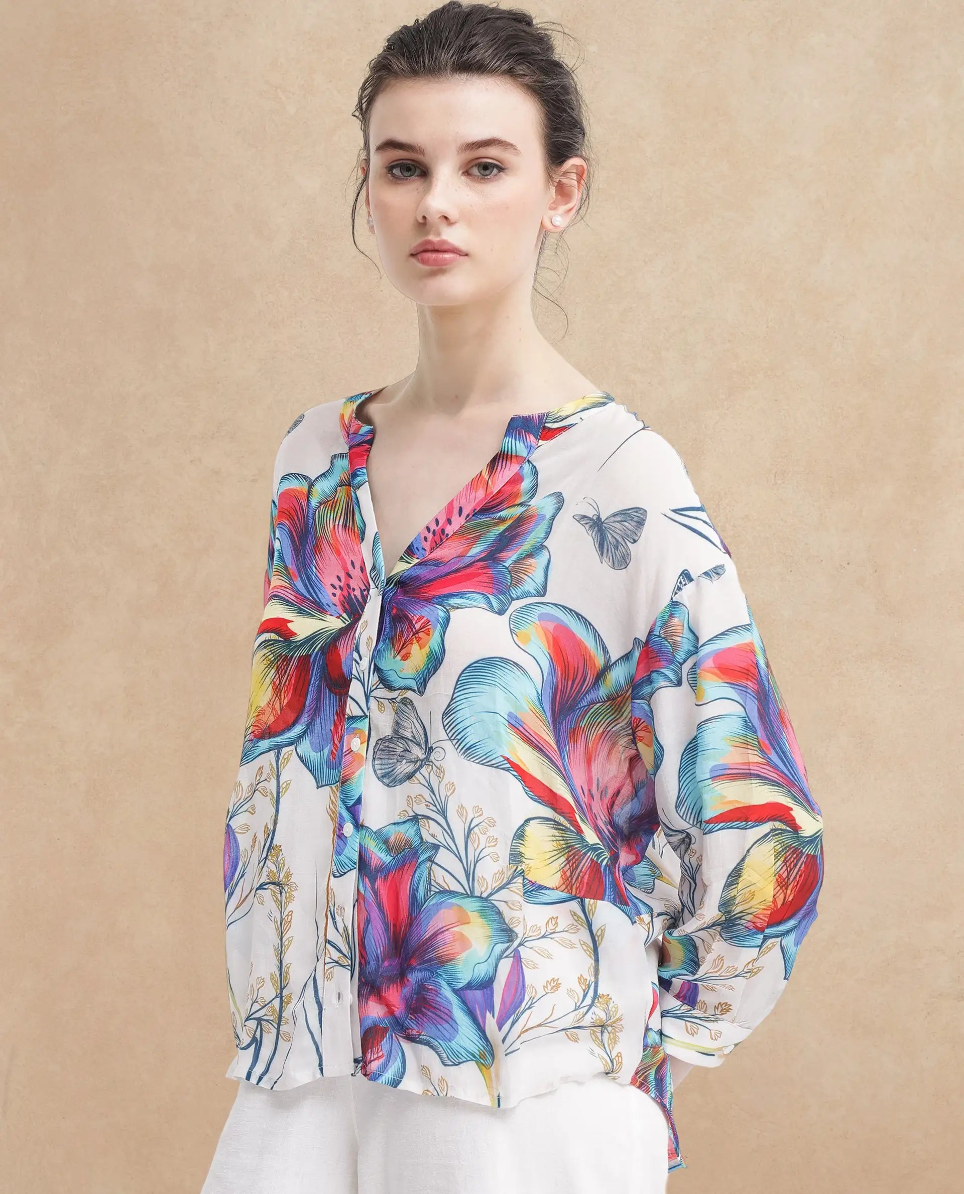 Rareism Women's Layton Multi Rayon Mandarin Collar Floral Print Cuffed Sleeve Relaxed Fit Top