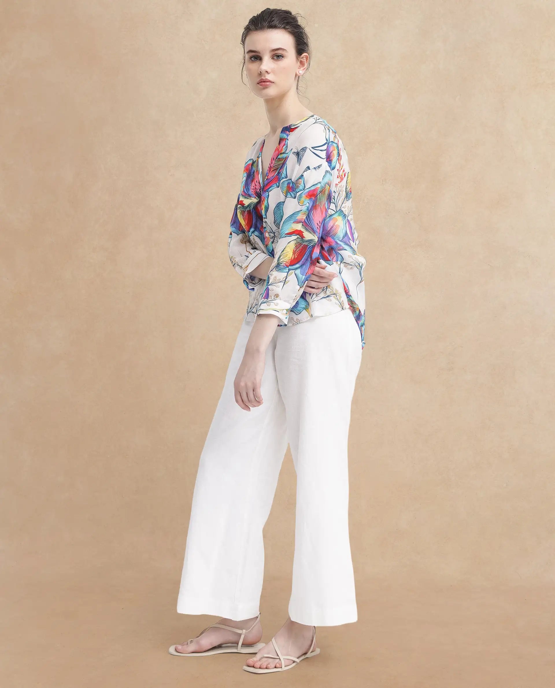 Rareism Women's Layton Multi Rayon Mandarin Collar Floral Print Cuffed Sleeve Relaxed Fit Top