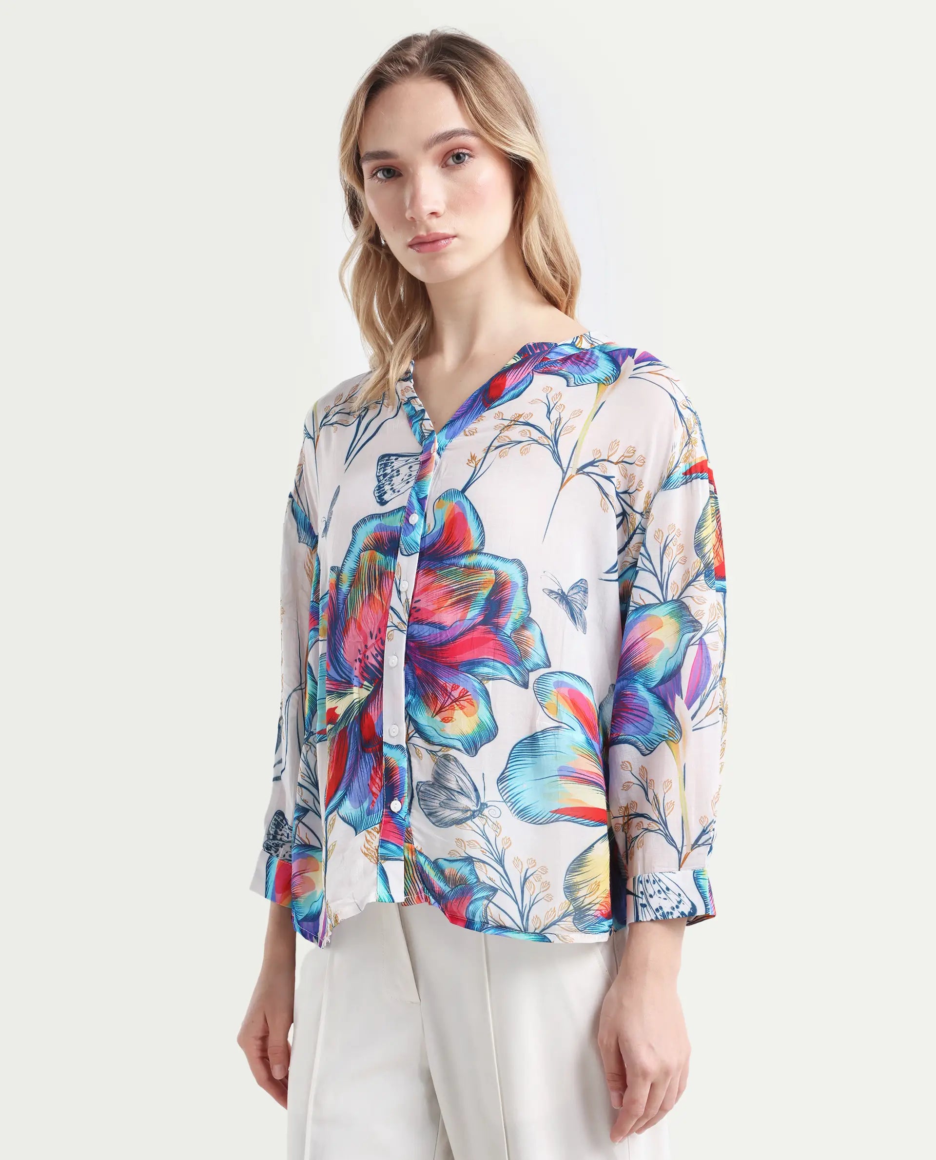 Rareism Women's Layton Multi Nylon Blend Mandarin Collar Floral Print Cuffed Sleeve Relaxed Fit Top