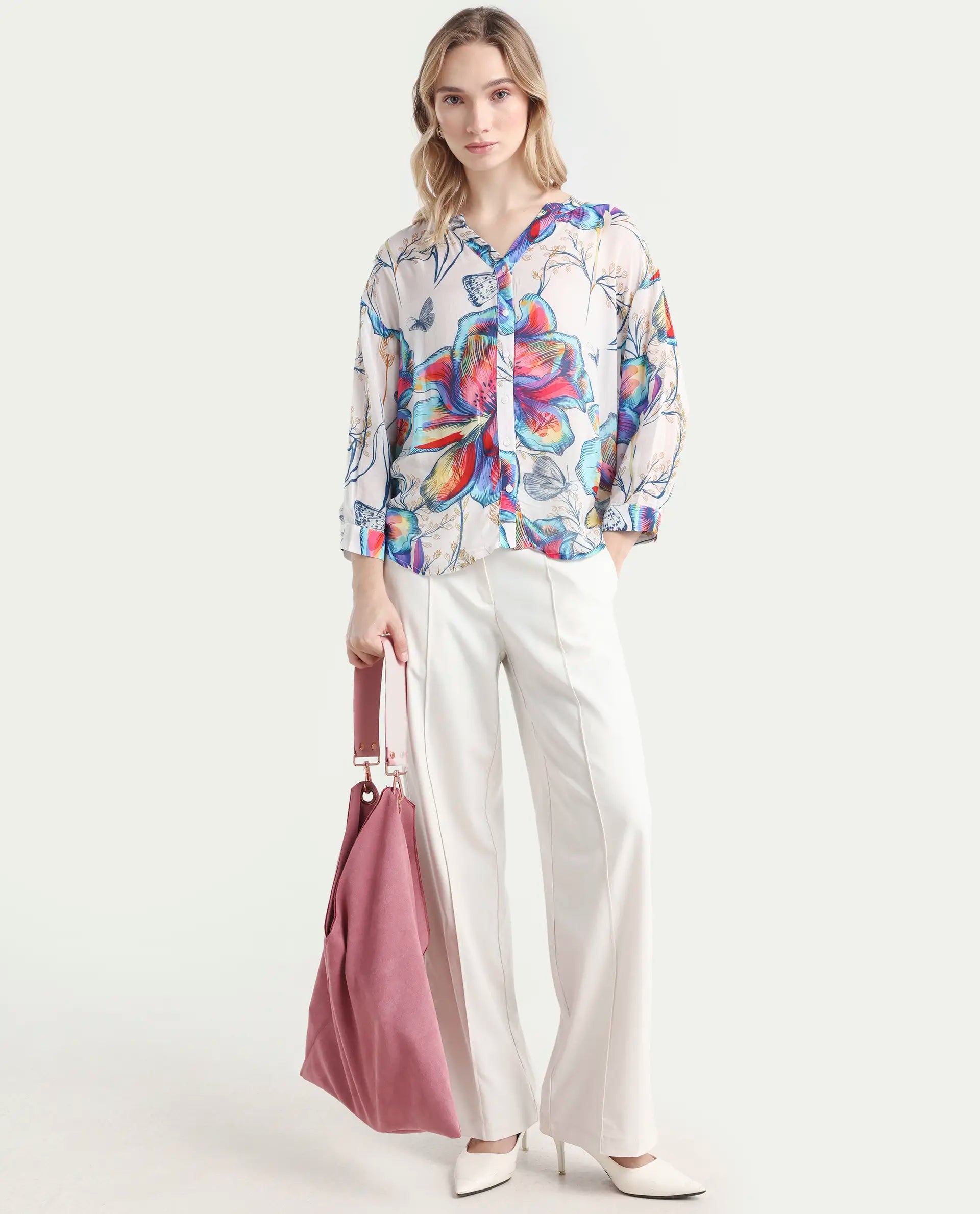 Rareism Women's Layton Multi Nylon Blend Mandarin Collar Floral Print Cuffed Sleeve Relaxed Fit Top