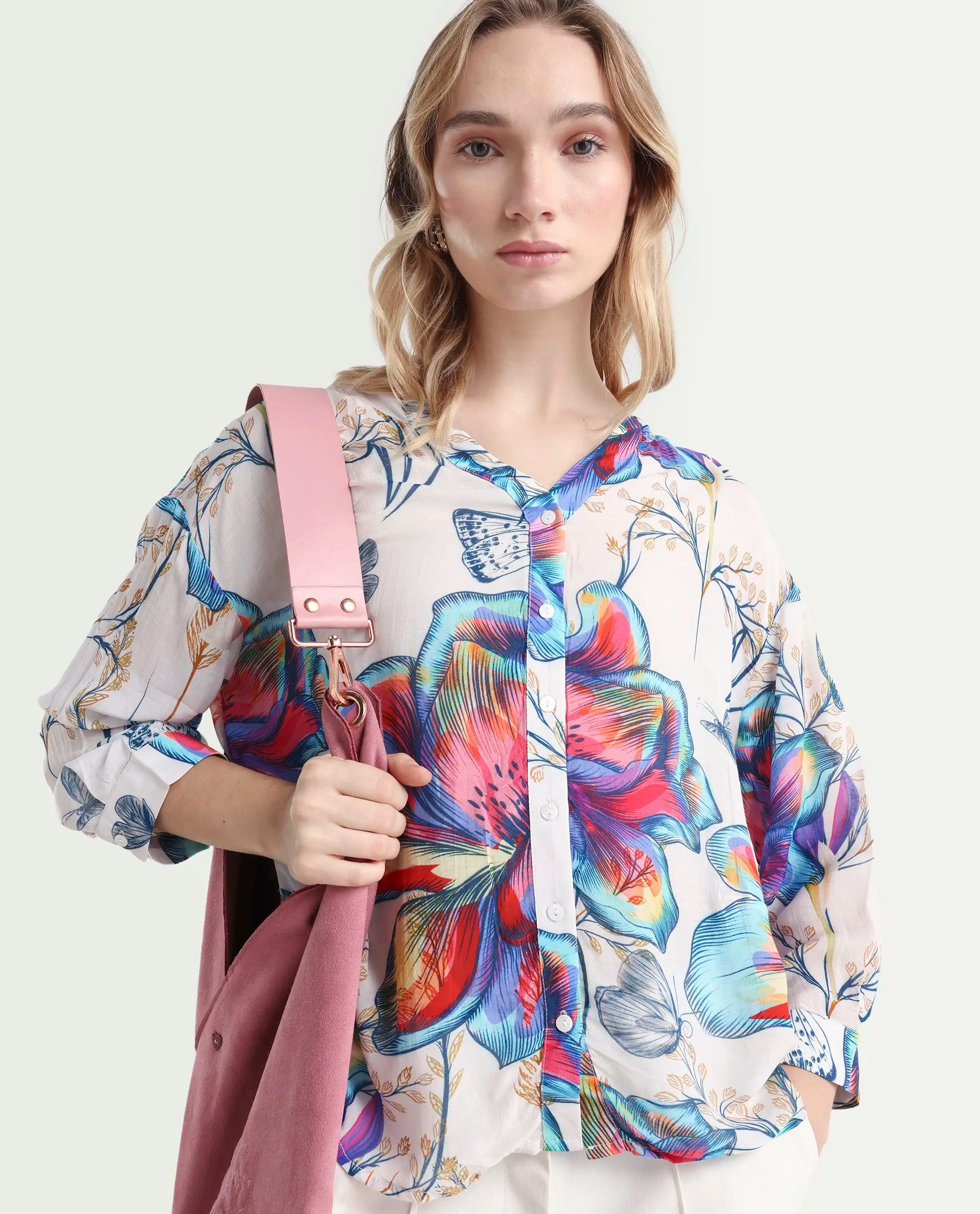 Rareism Women's Layton Multi Nylon Blend Mandarin Collar Floral Print Cuffed Sleeve Relaxed Fit Top