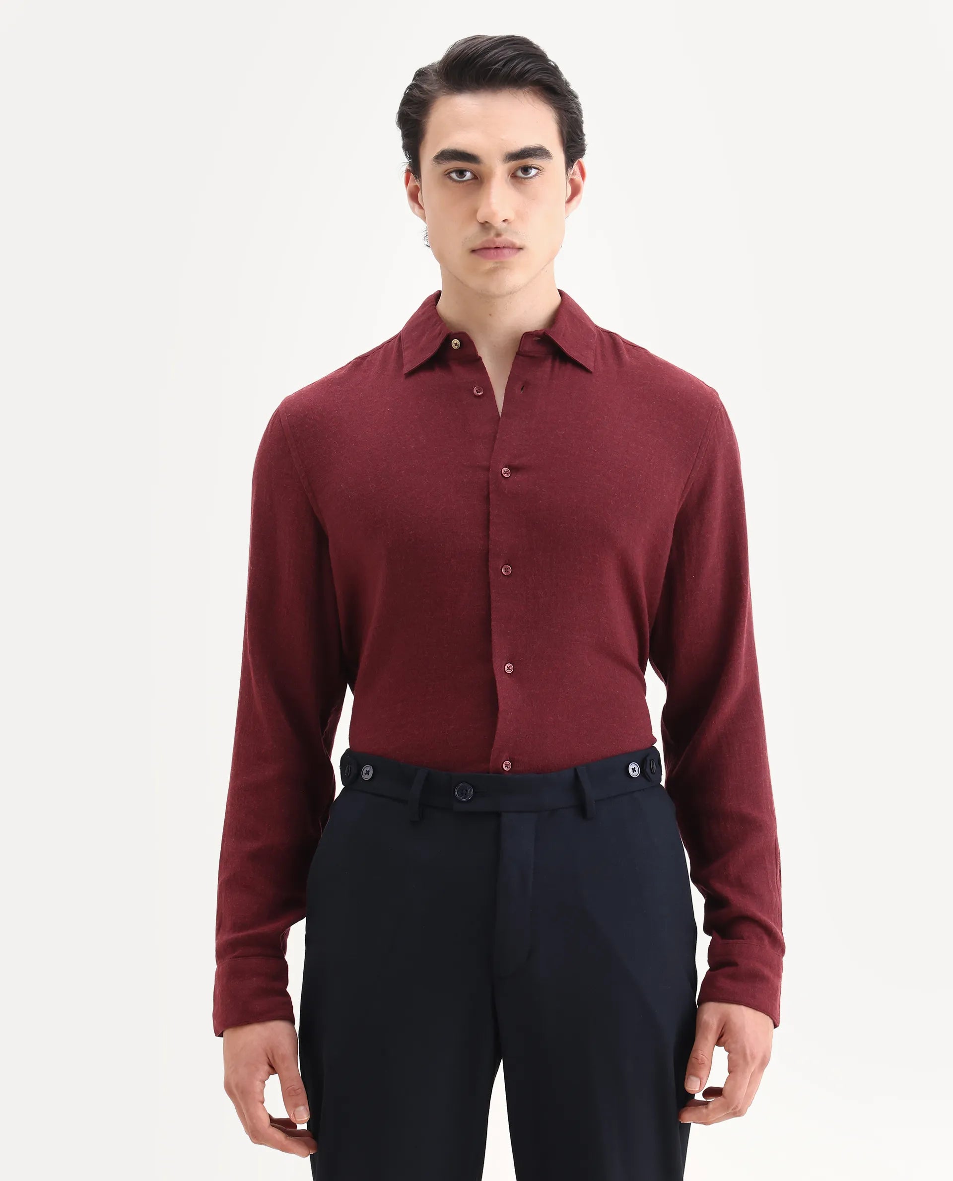 Rare Rabbit Men's Layt Red Cotton Blend Fabric Spread Collar Regular Fit Plain Shirt