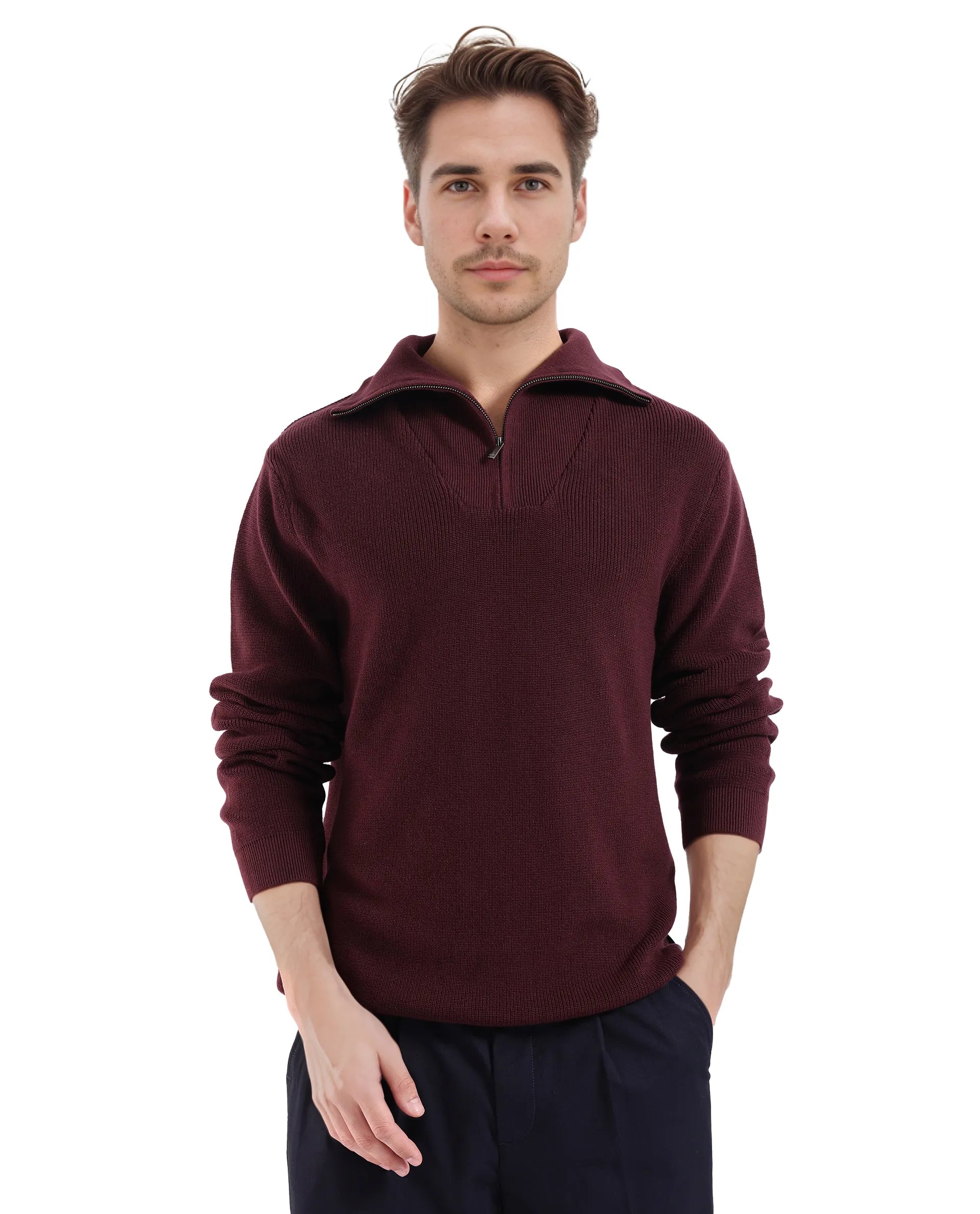 Rare Rabbit Men's Laz Brown Cotton Blend Full Sleeve Broad Collar Zipper Closure Regular Fit Solid Sweater