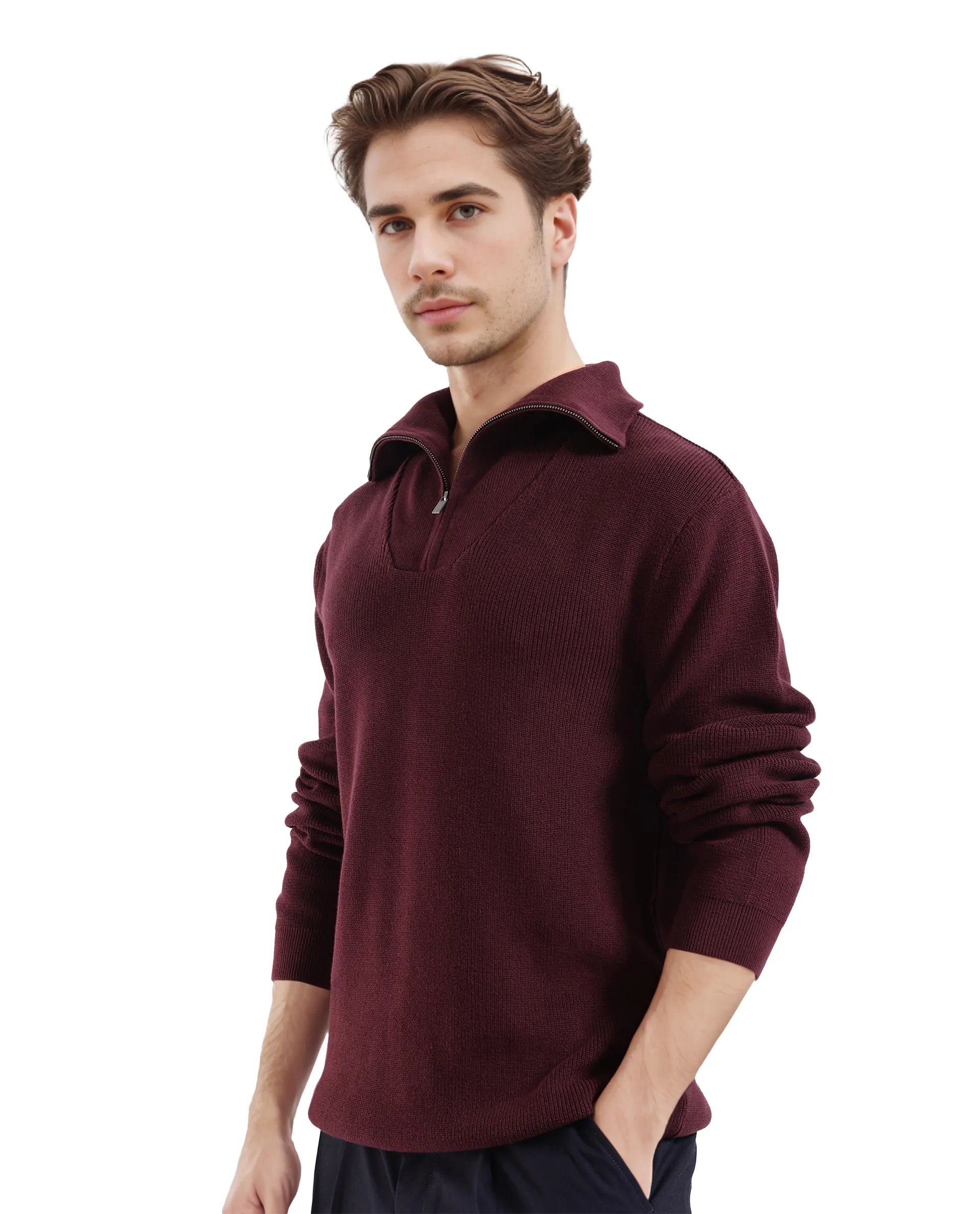 Rare Rabbit Men's Laz Brown Cotton Blend Full Sleeve Broad Collar Zipper Closure Regular Fit Solid Sweater