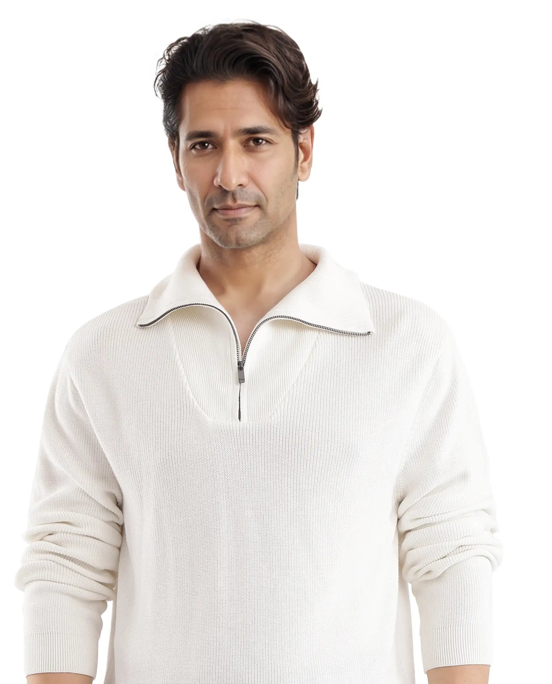 Rare Rabbit Men's Laz Off White Cotton Blend Full Sleeve Broad Collar Zipper Closure Regular Fit Solid Sweater