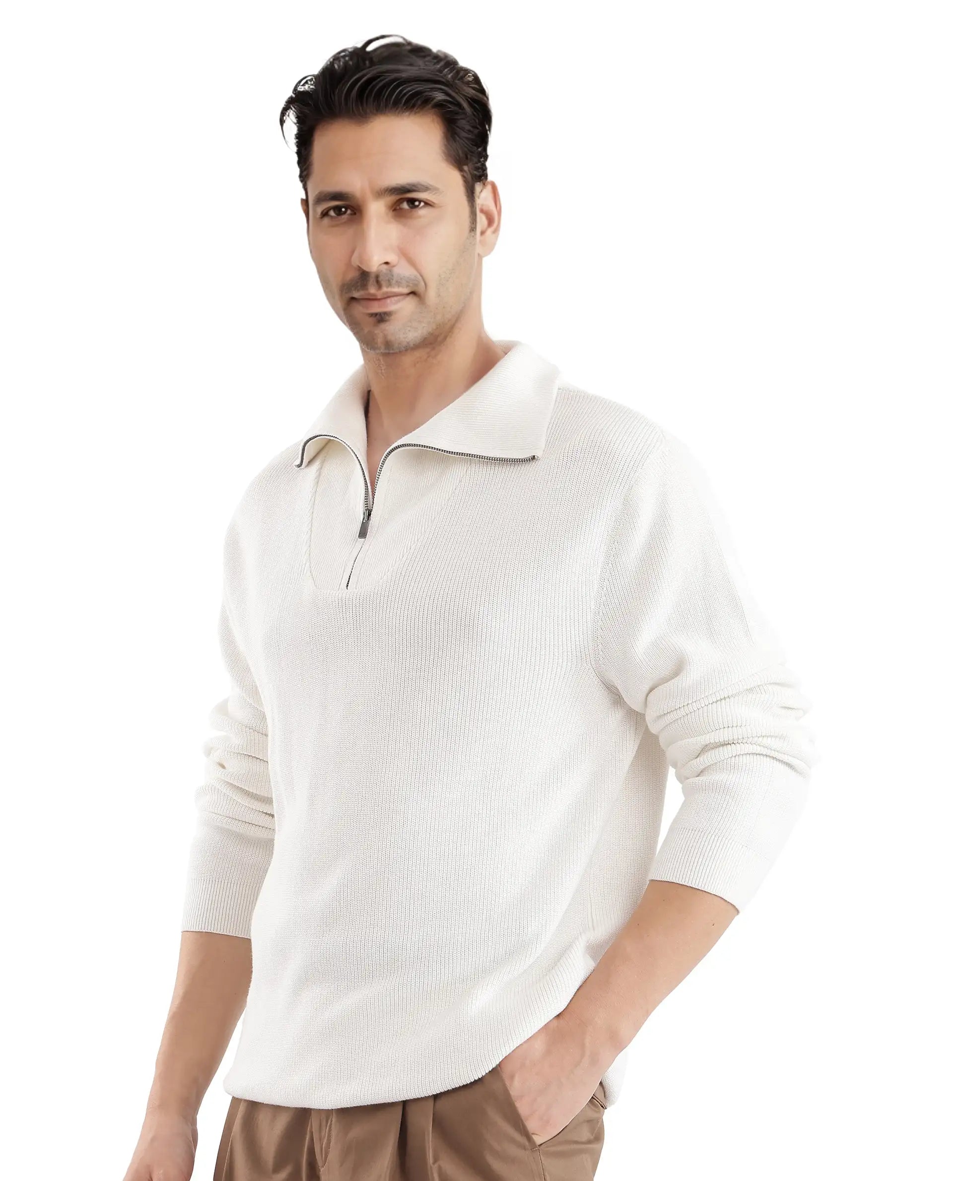 Rare Rabbit Men's Laz Off White Cotton Blend Full Sleeve Broad Collar Zipper Closure Regular Fit Solid Sweater