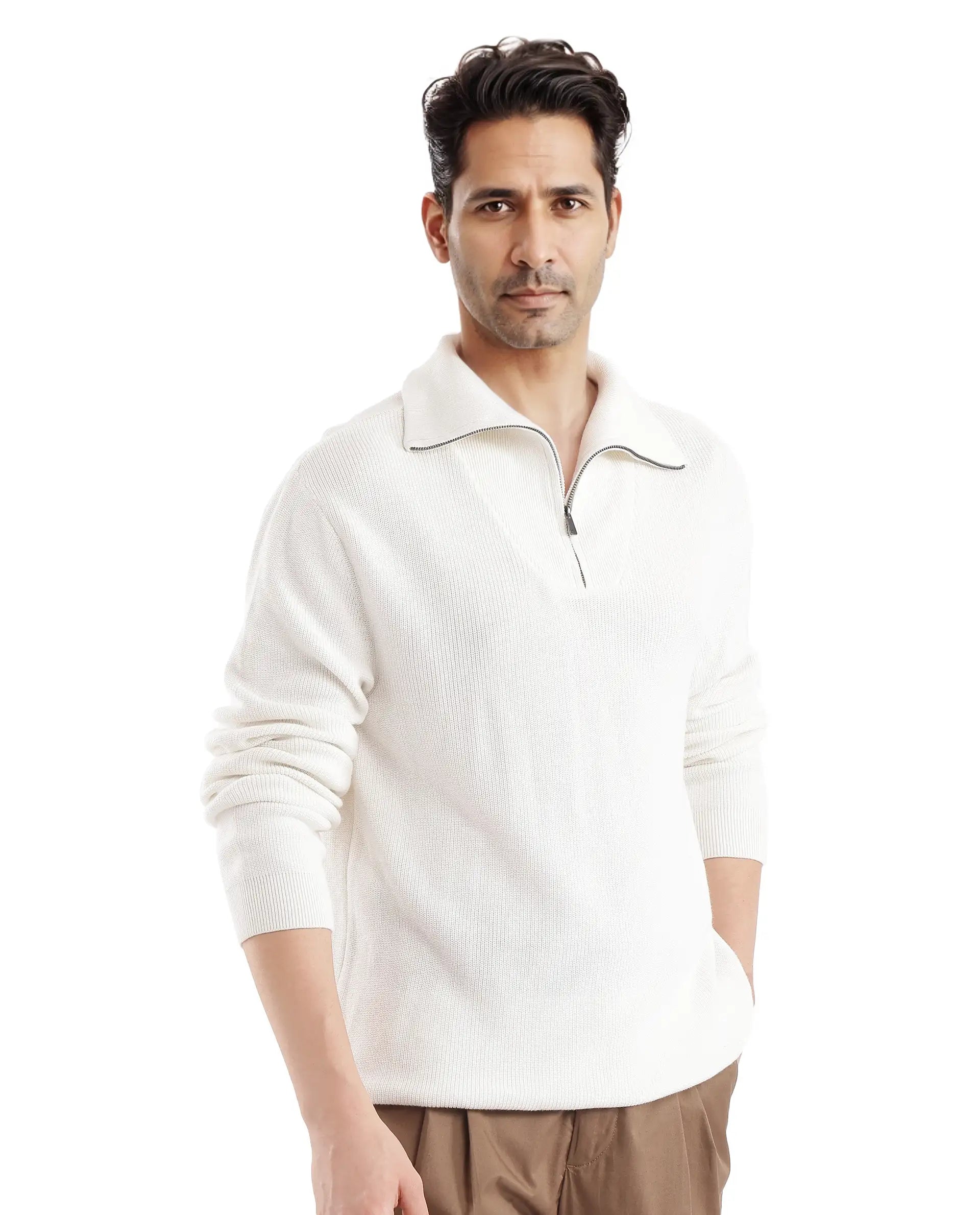 Rare Rabbit Men's Laz Off White Cotton Blend Full Sleeve Broad Collar Zipper Closure Regular Fit Solid Sweater