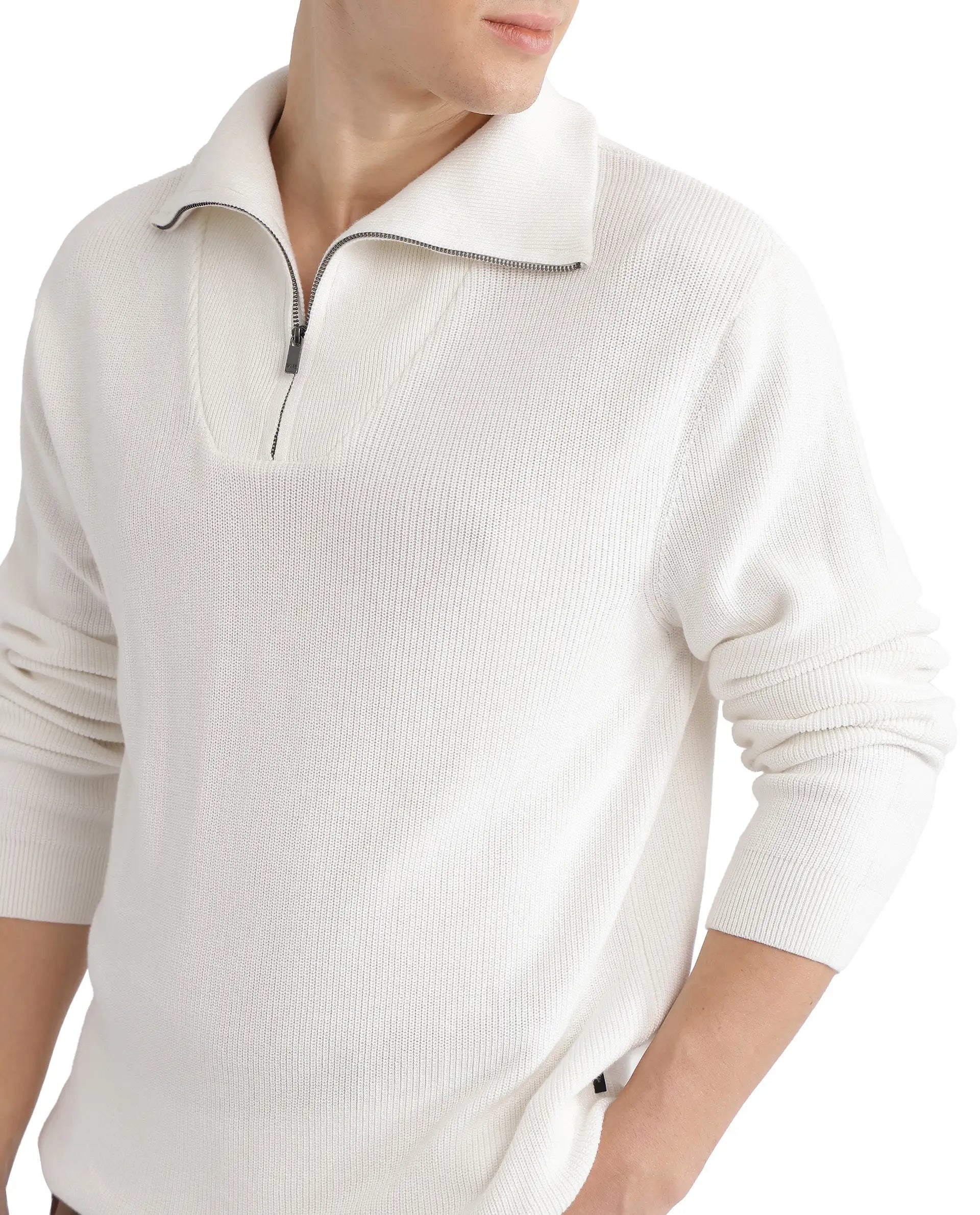 Rare Rabbit Men's Laz Off White Cotton Blend Full Sleeve Broad Collar Zipper Closure Regular Fit Solid Sweater