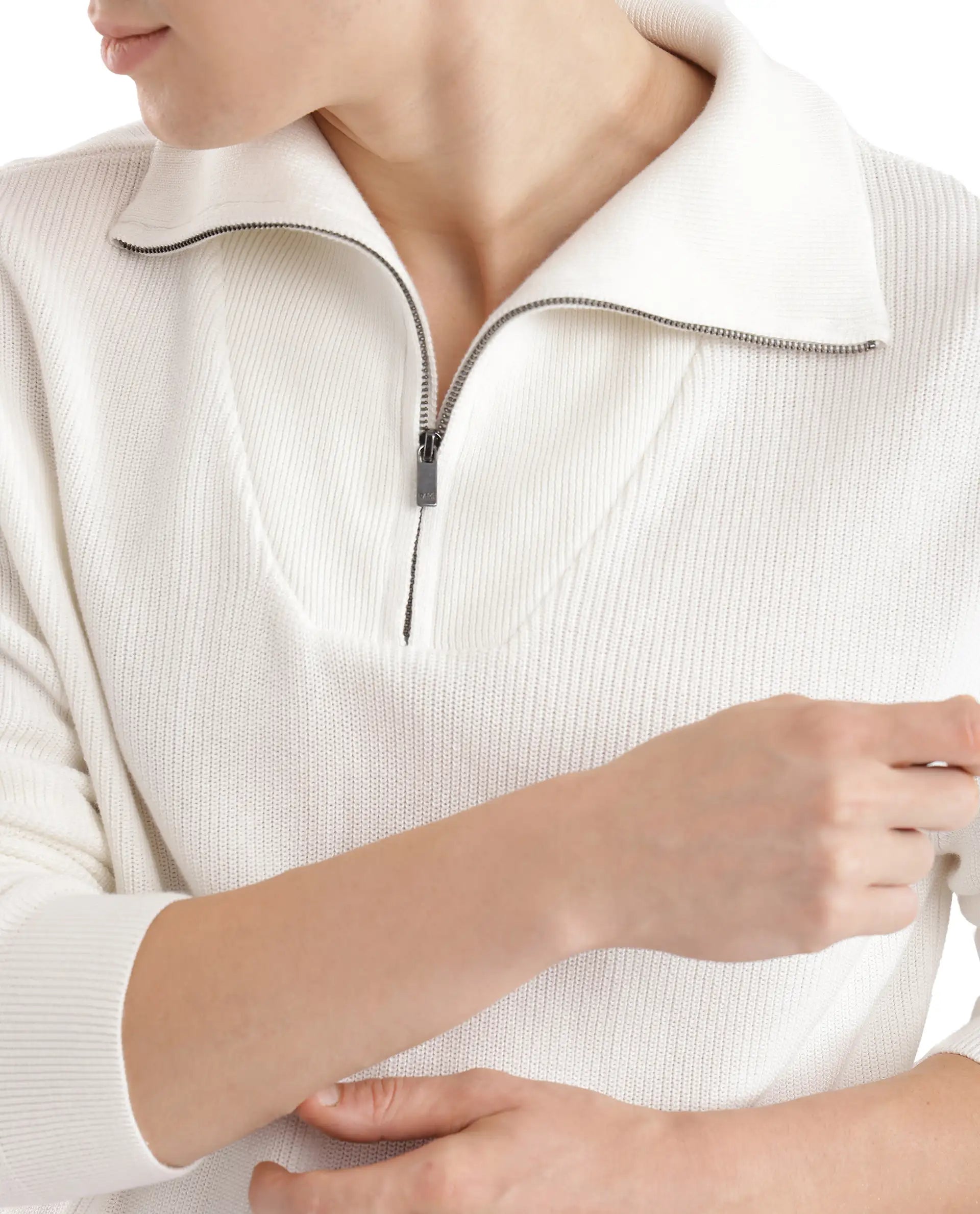 Rare Rabbit Men's Laz Off White Cotton Blend Full Sleeve Broad Collar Zipper Closure Regular Fit Solid Sweater