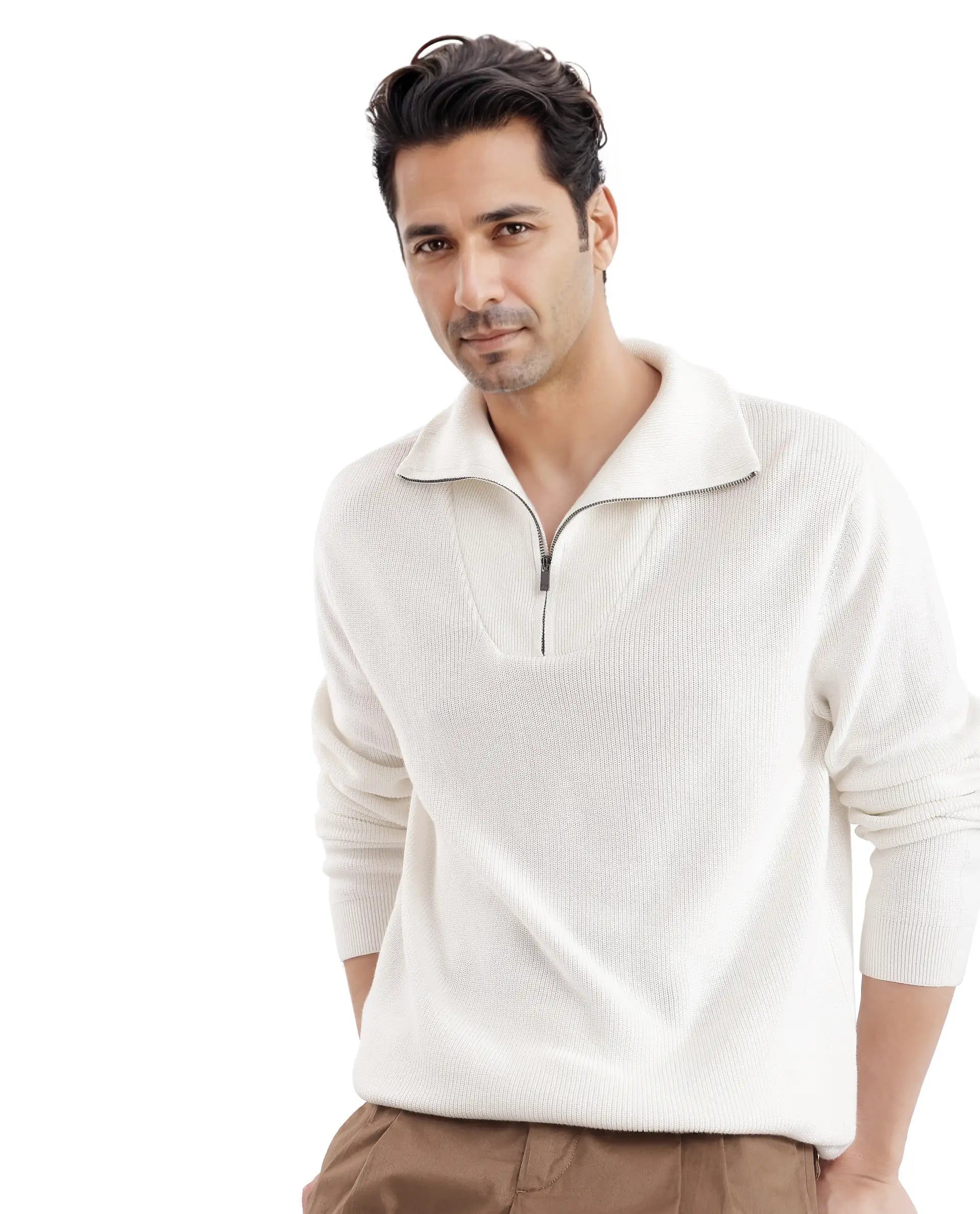 Rare Rabbit Men's Laz Off White Cotton Blend Full Sleeve Broad Collar Zipper Closure Regular Fit Solid Sweater