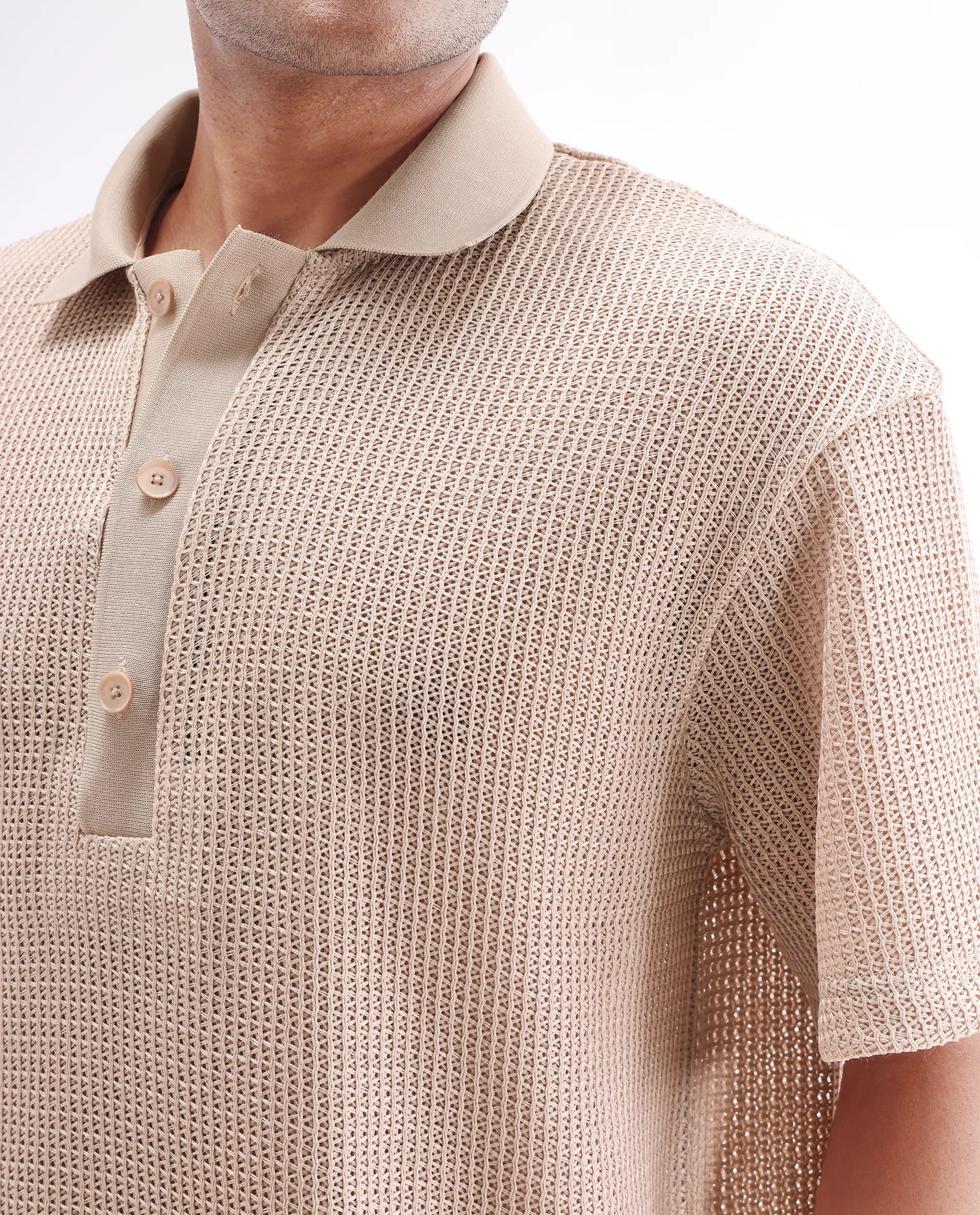 Rare Rabbit Men's Lbiza Beige Cotton Plain Regular Fit Half Sleeve Collared Shirt