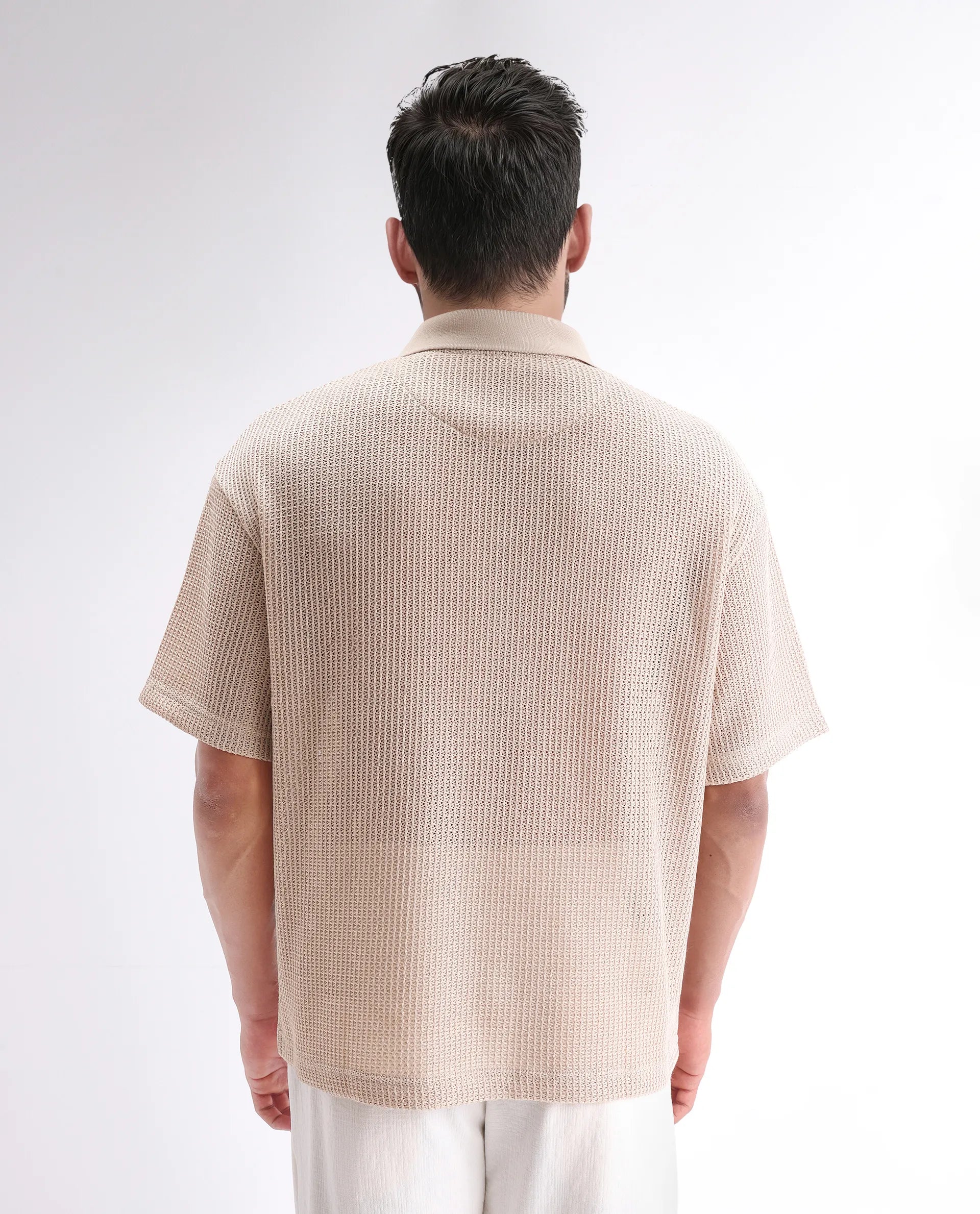 Rare Rabbit Men's Lbiza Beige Cotton Plain Regular Fit Half Sleeve Collared Shirt