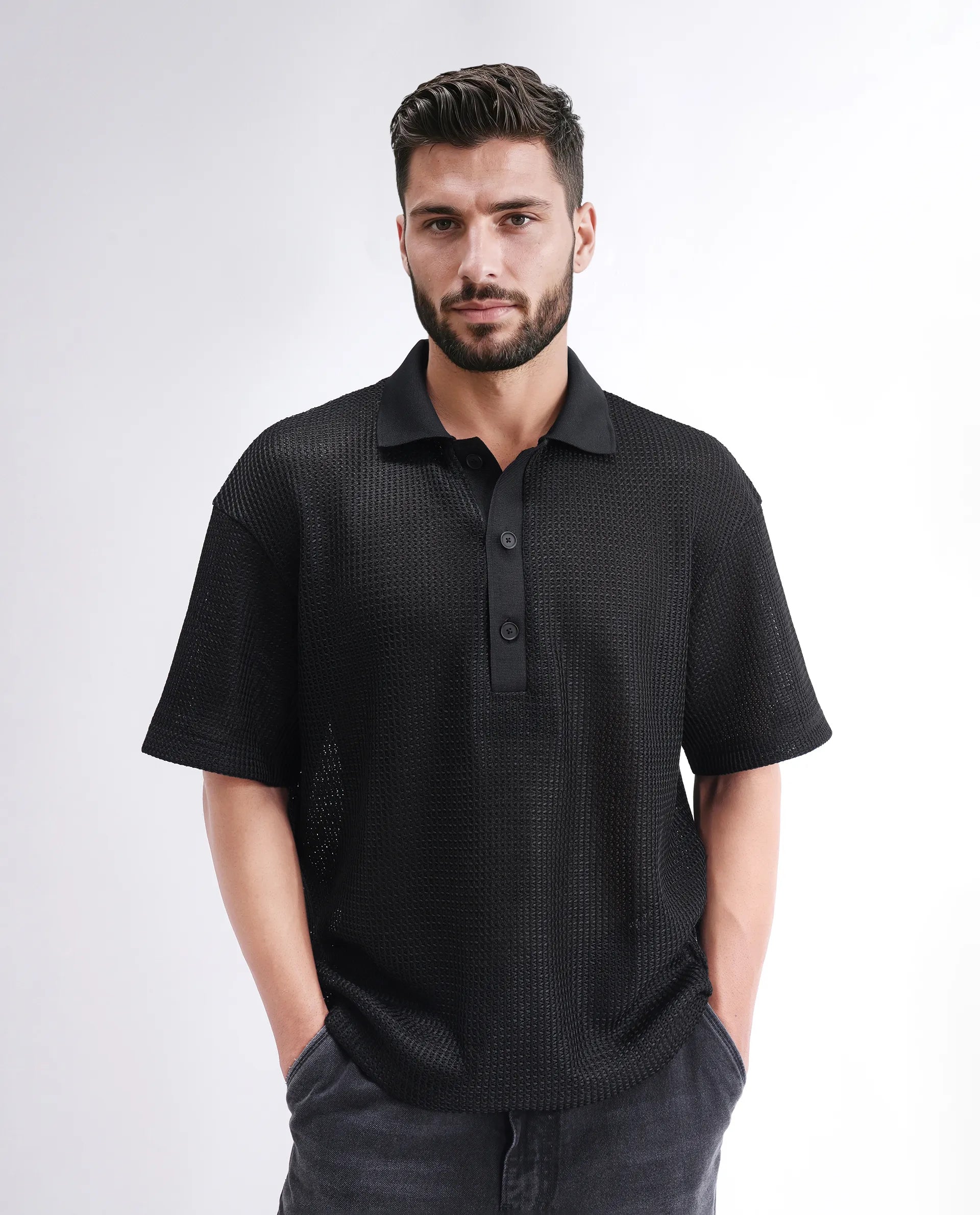 Rare Rabbit Men's Lbiza Black Cotton Plain Regular Fit Full Sleeve Collared Shirt