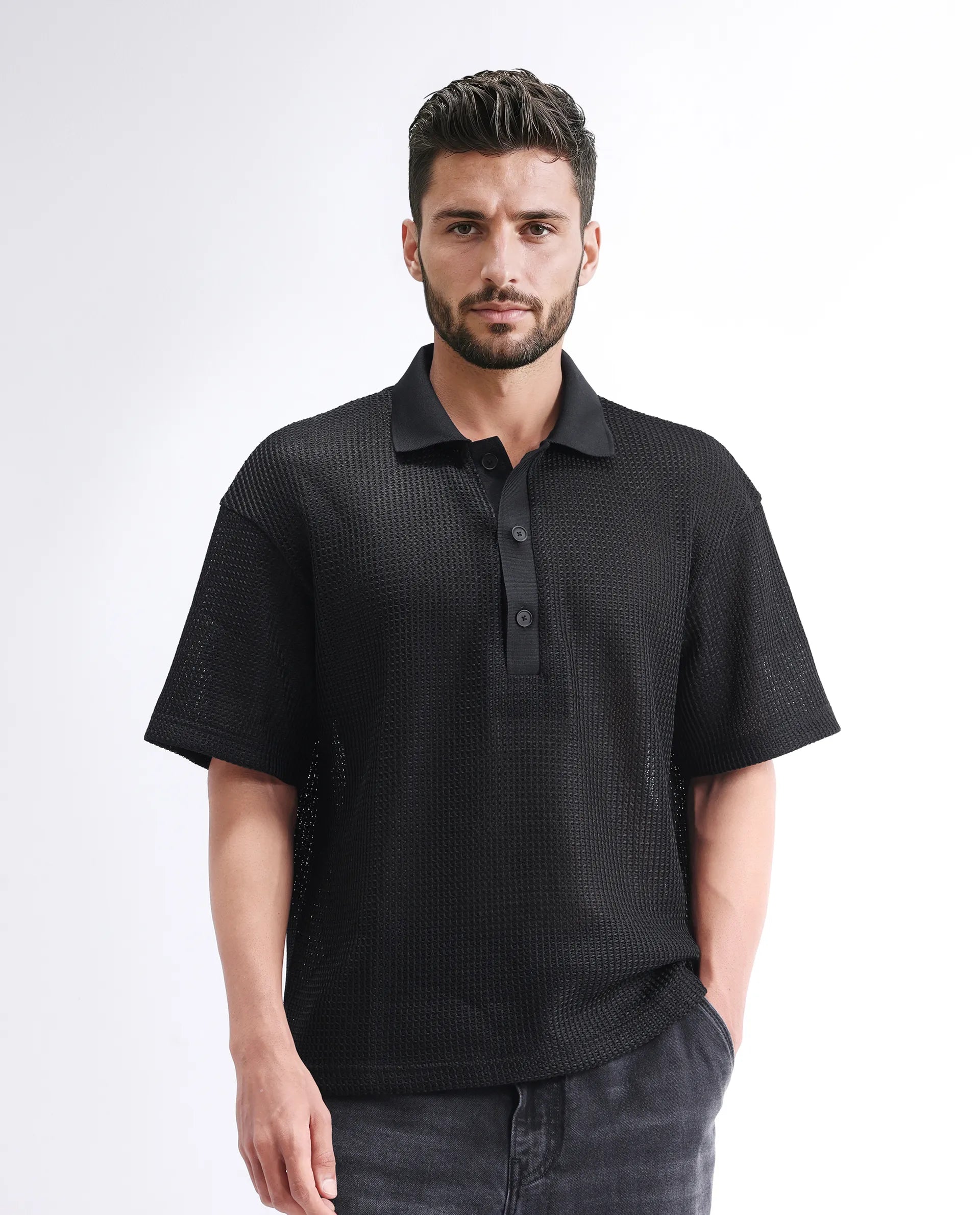 Rare Rabbit Men's Lbiza Black Cotton Plain Regular Fit Full Sleeve Collared Shirt