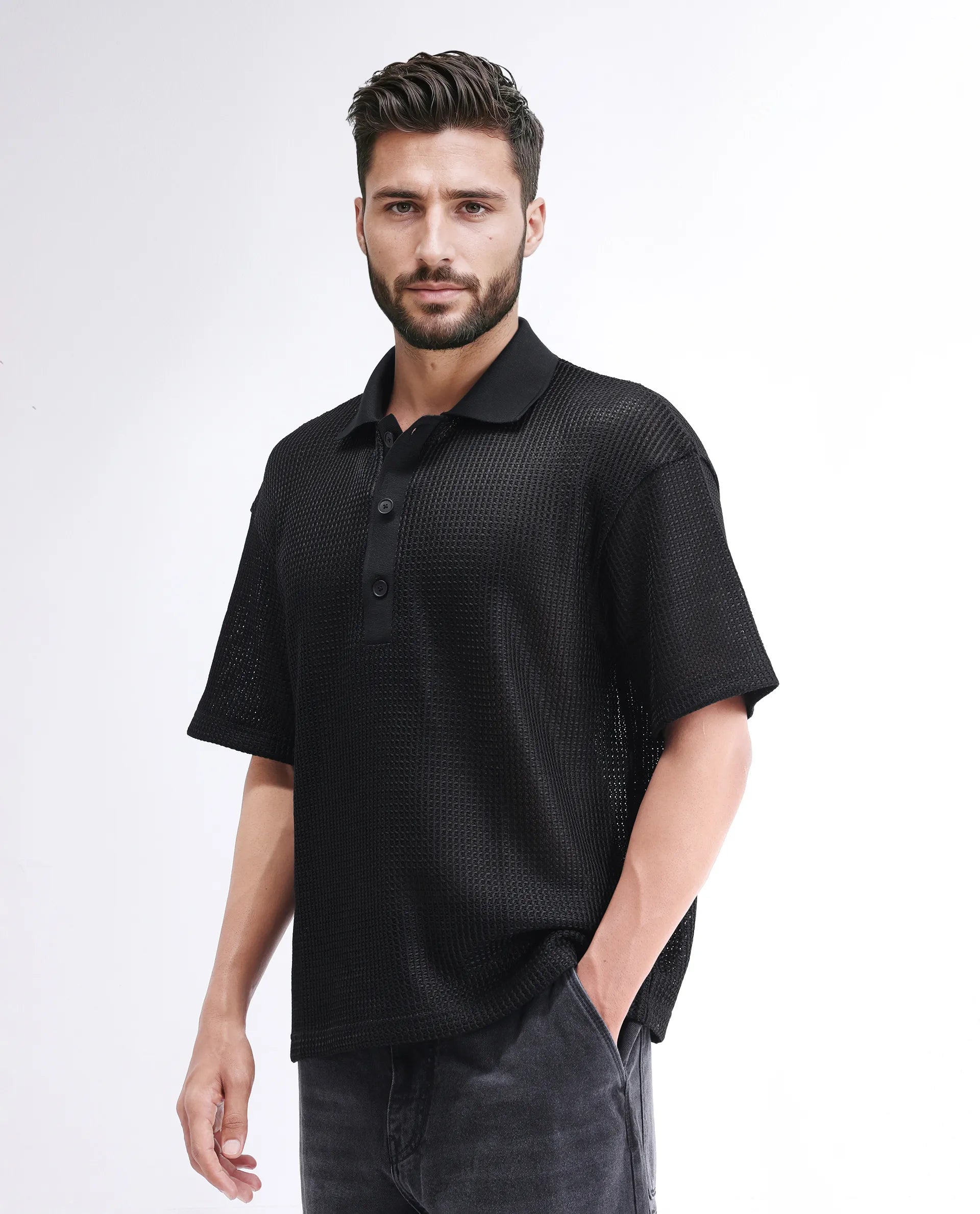 Rare Rabbit Men's Lbiza Black Cotton Plain Regular Fit Full Sleeve Collared Shirt