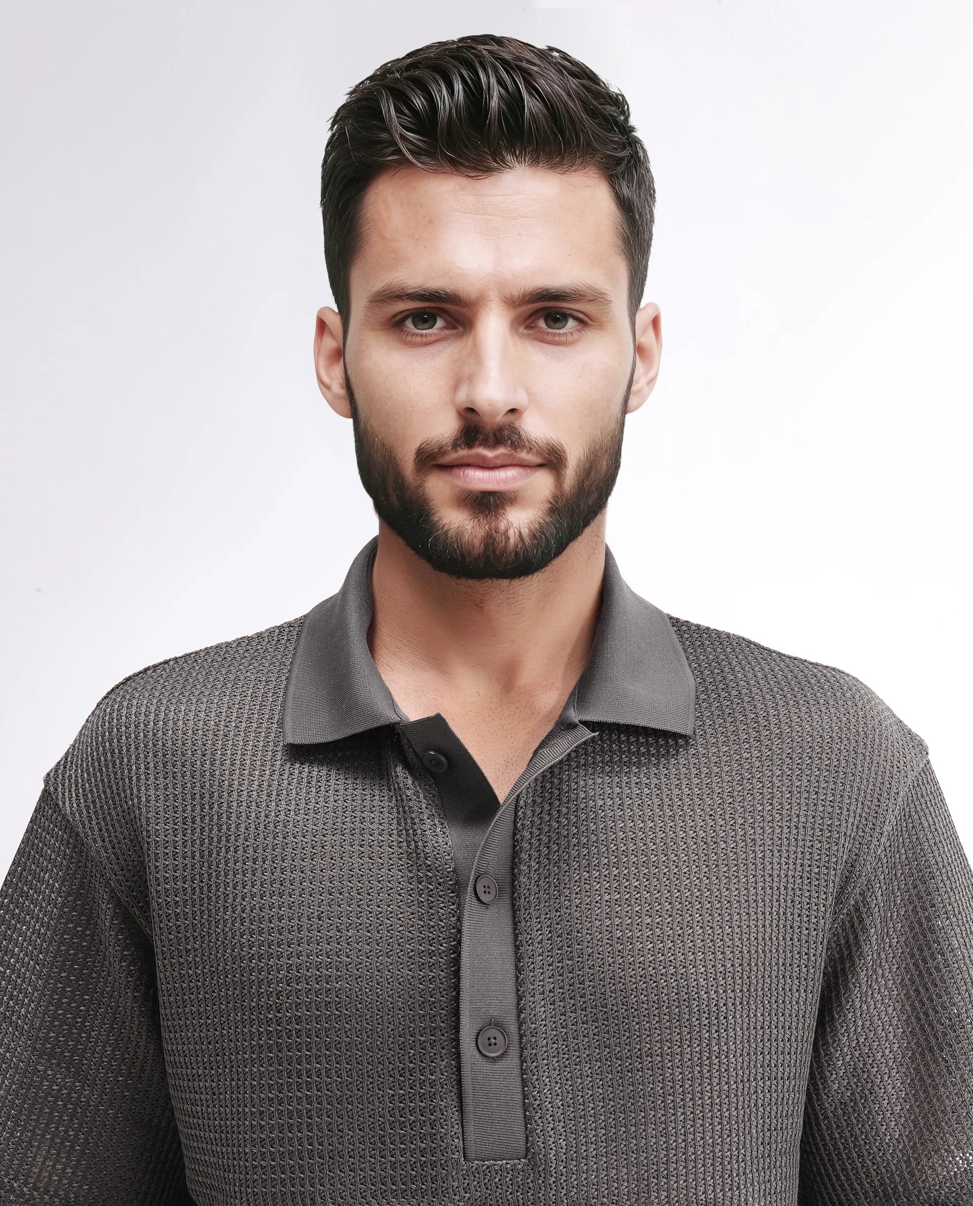 Rare Rabbit Men's Lbiza Dark Grey Cotton Plain Regular Fit Half Sleeve Collared Shirt