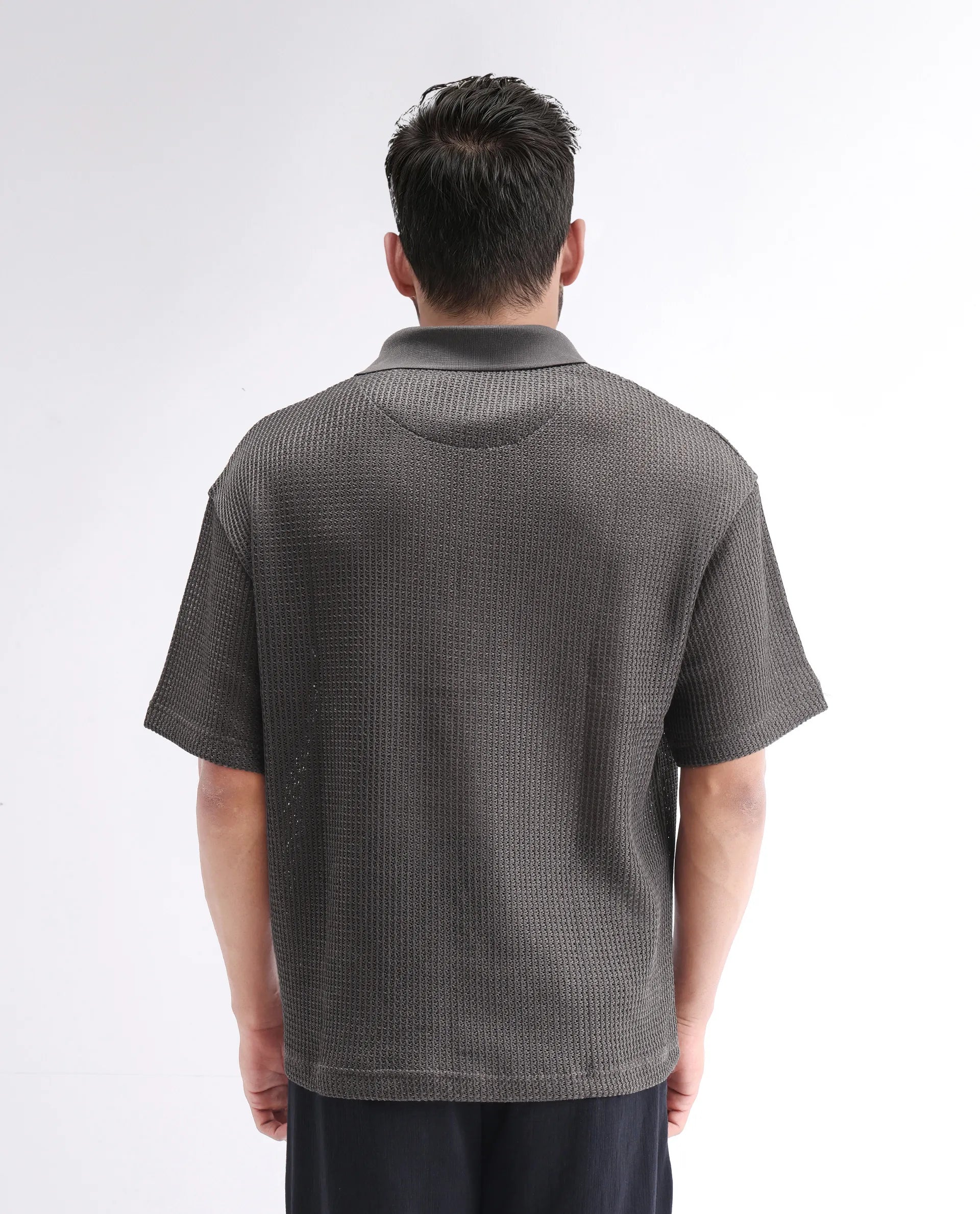 Rare Rabbit Men's Lbiza Dark Grey Cotton Plain Regular Fit Half Sleeve Collared Shirt