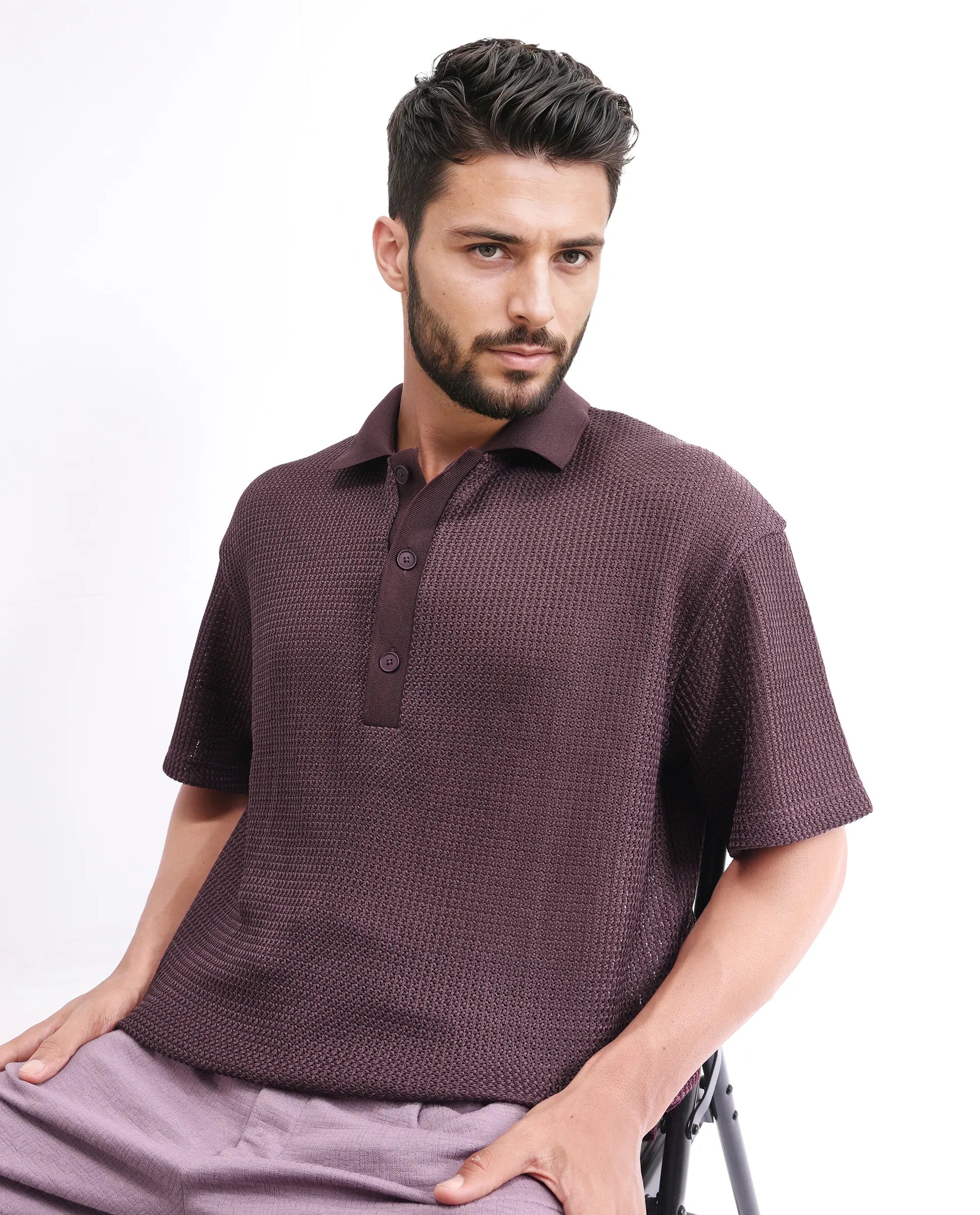 Rare Rabbit Men's Lbiza Maroon Cotton Plain Regular Fit Half Sleeve Collared Shirt