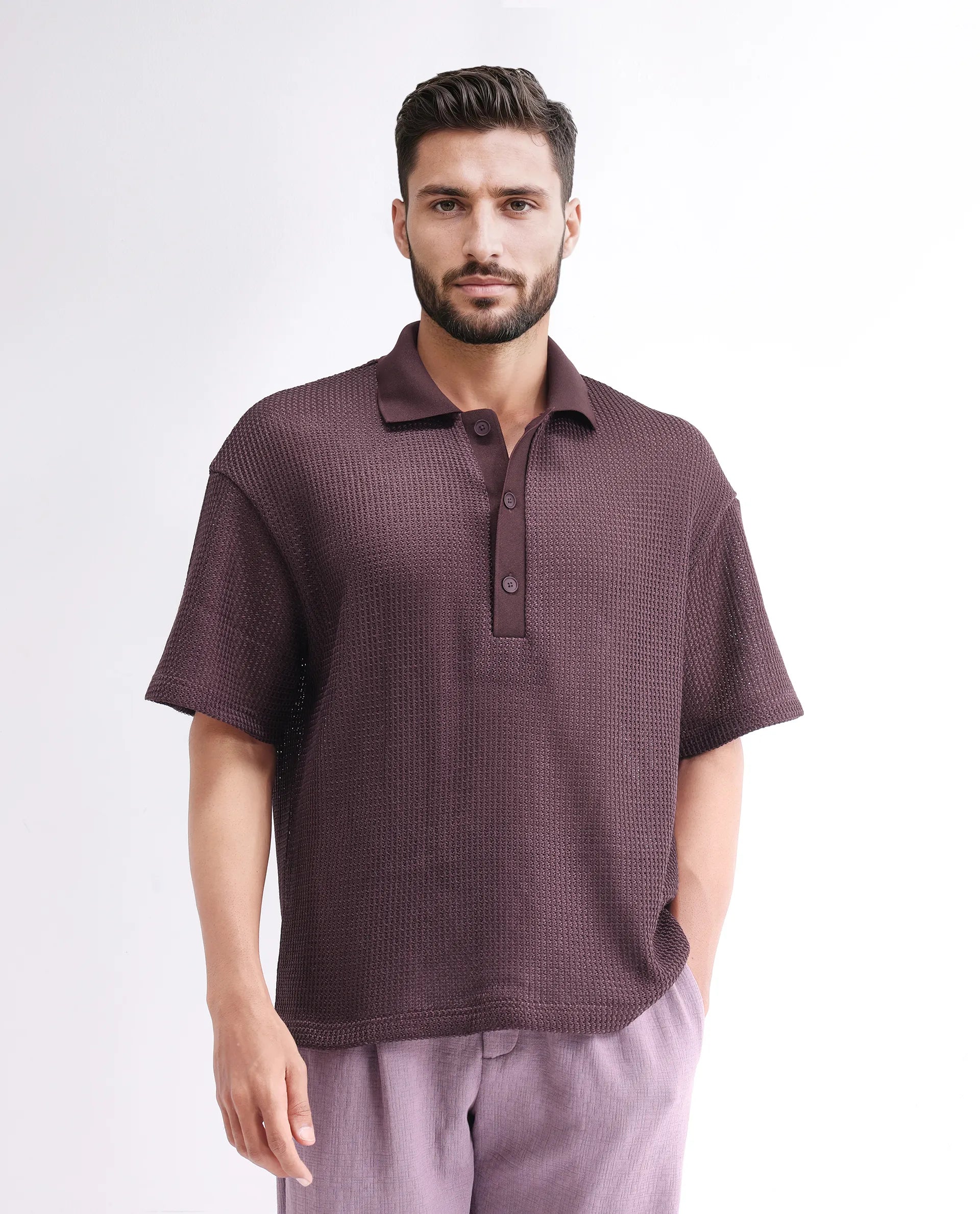 Rare Rabbit Men's Lbiza Maroon Cotton Plain Regular Fit Half Sleeve Collared Shirt