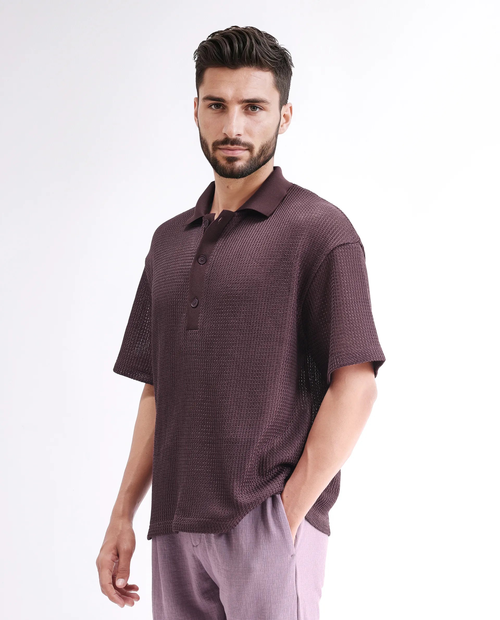 Rare Rabbit Men's Lbiza Maroon Cotton Plain Regular Fit Half Sleeve Collared Shirt