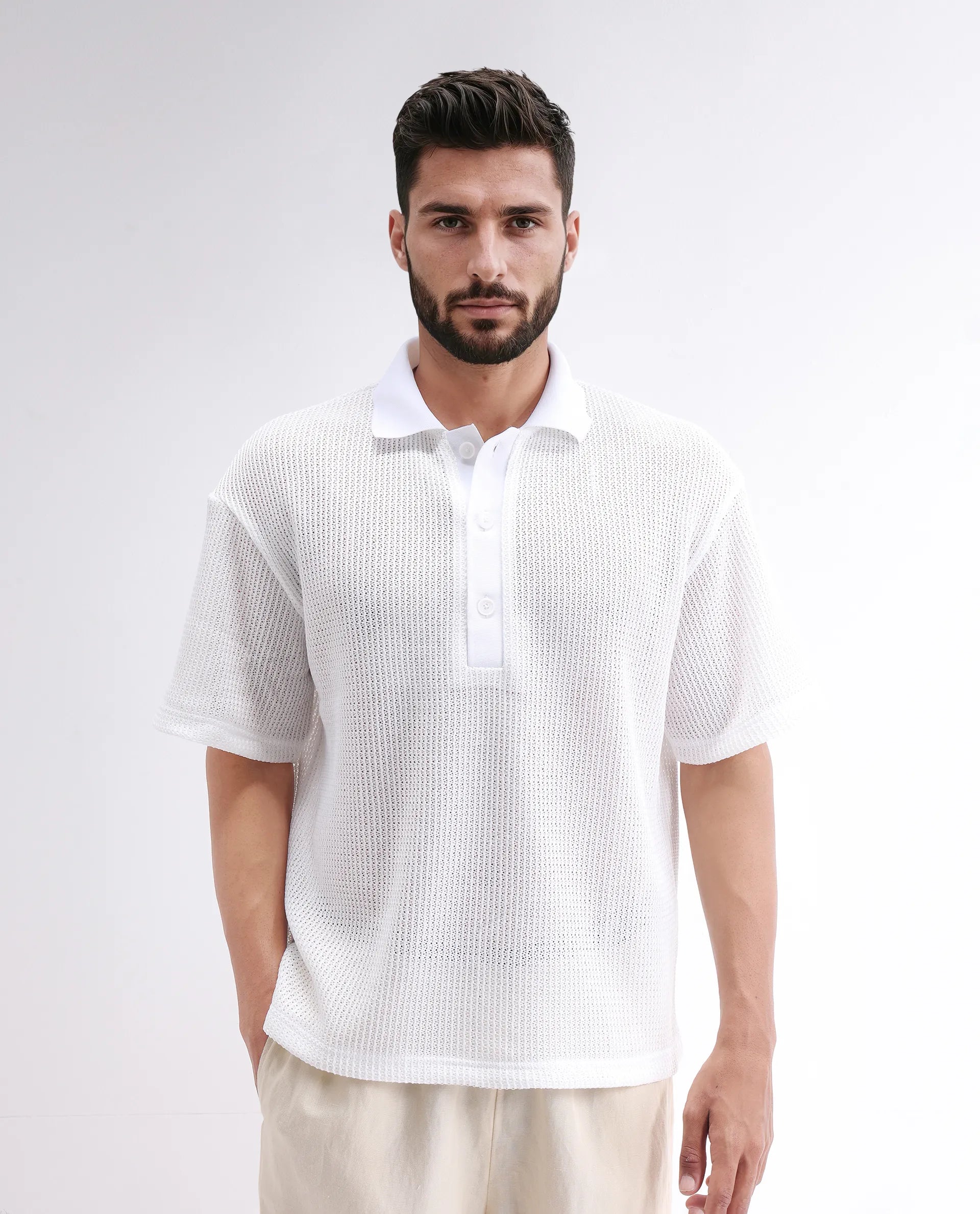 Rare Rabbit Men's Lbiza White Cotton Plain Regular Fit Half Sleeve Collared Shirt