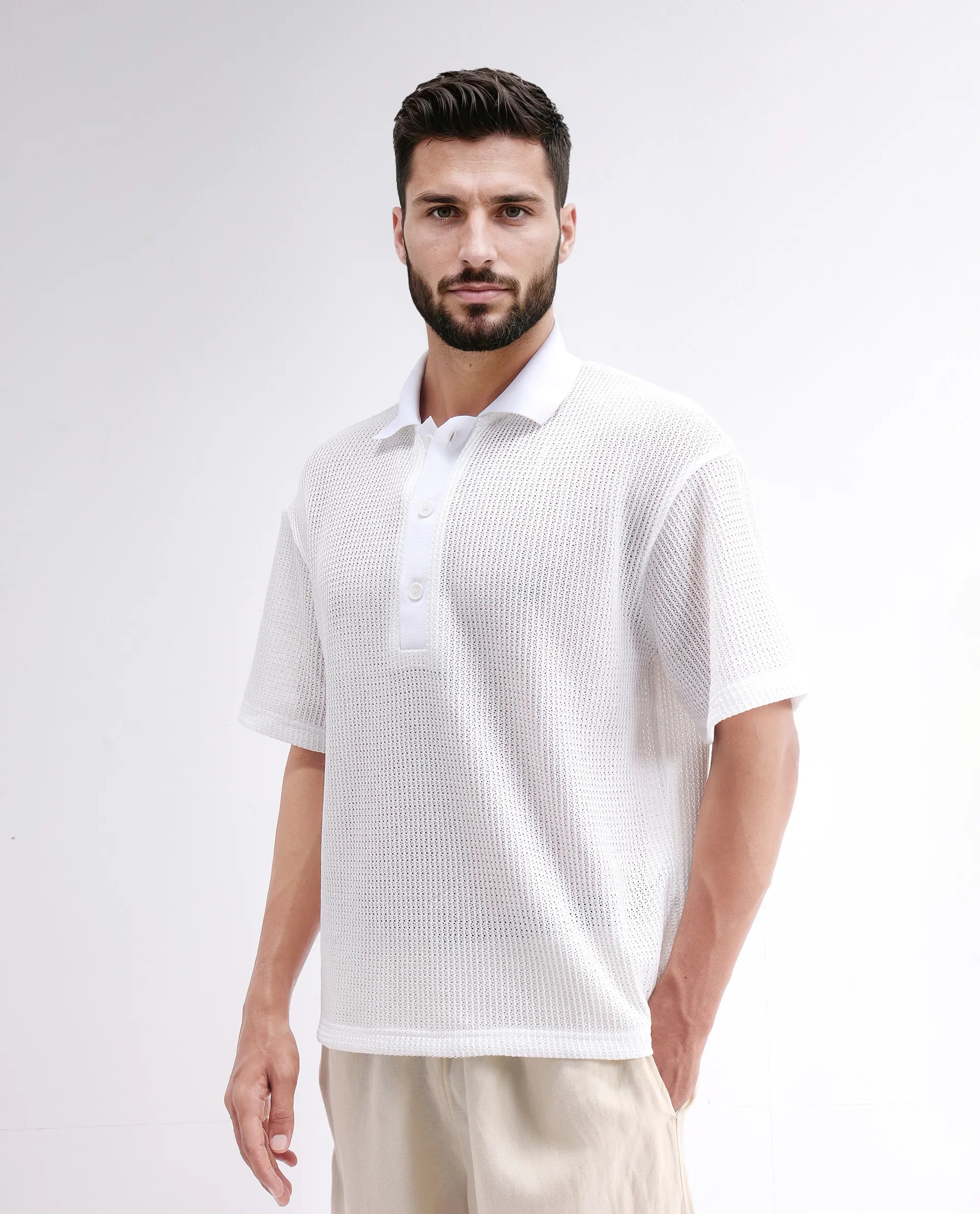 Rare Rabbit Men's Lbiza White Cotton Plain Regular Fit Half Sleeve Collared Shirt