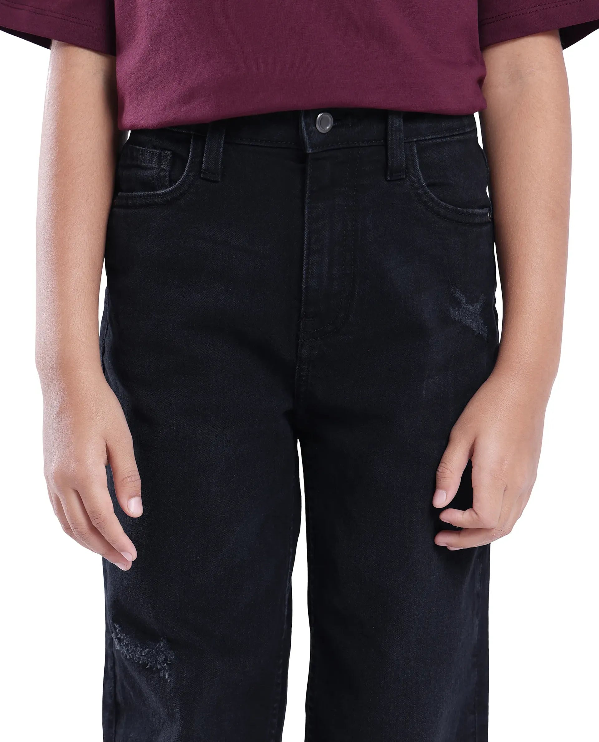 Rare Ones Kids Lea Black Cotton Solid Button And Zip Closure Wide Leg Fit Jeans