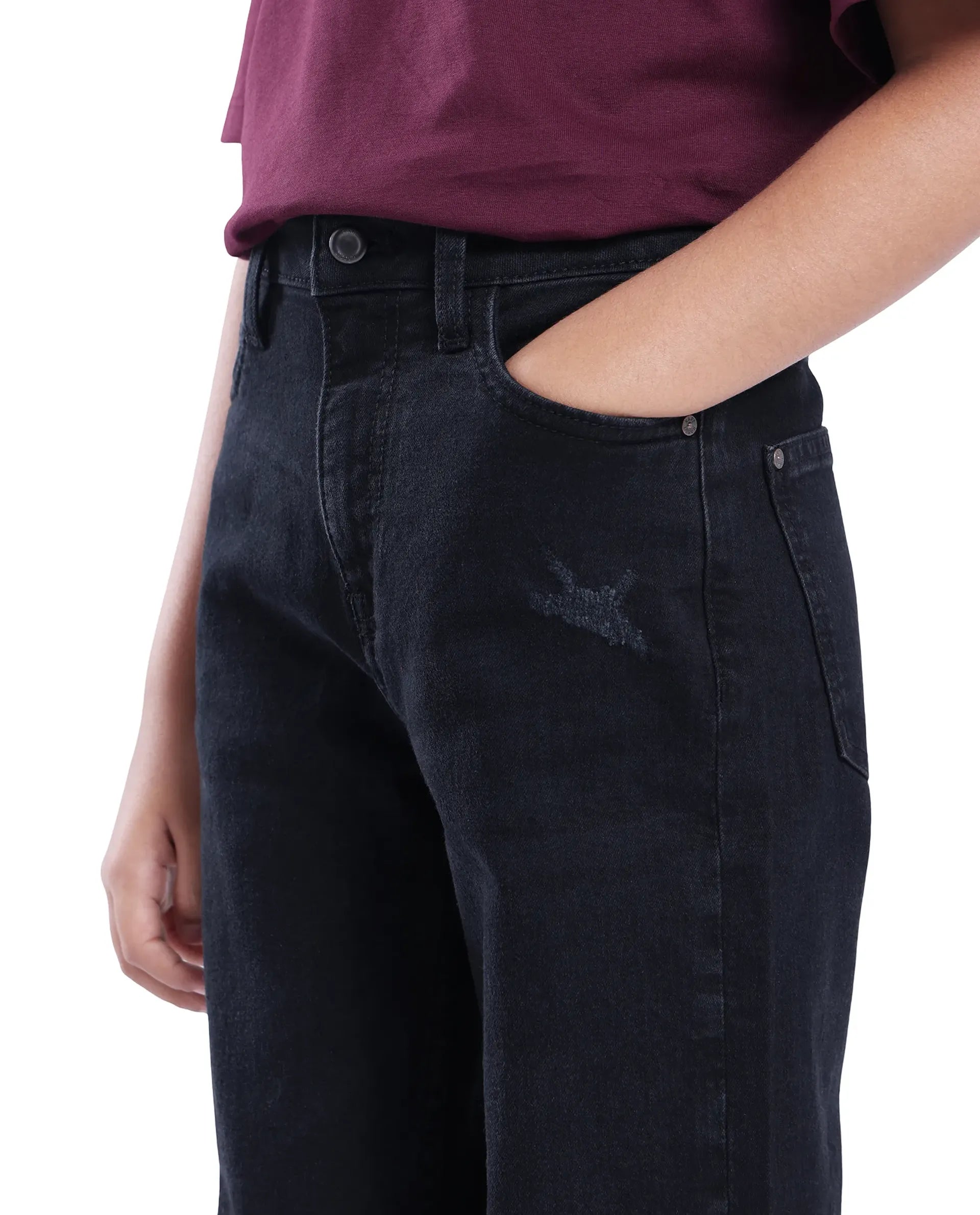 Rare Ones Kids Lea Black Cotton Solid Button And Zip Closure Wide Leg Fit Jeans