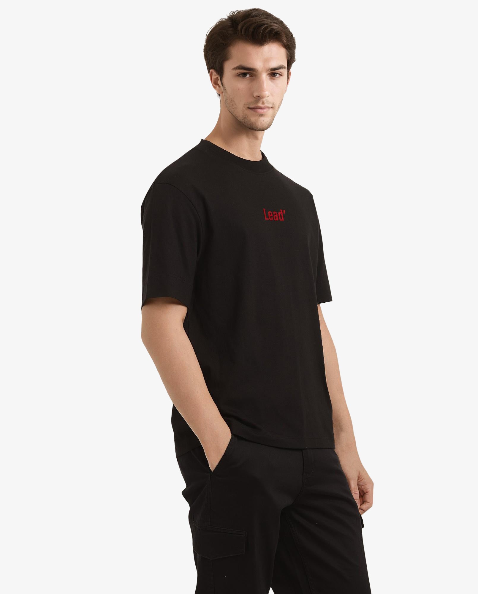 Rare Rabbit Men Lea Black Cotton Fabric Short Sleeve Crew Neck Oversized Fit Graphic Flock Print T-Shirt