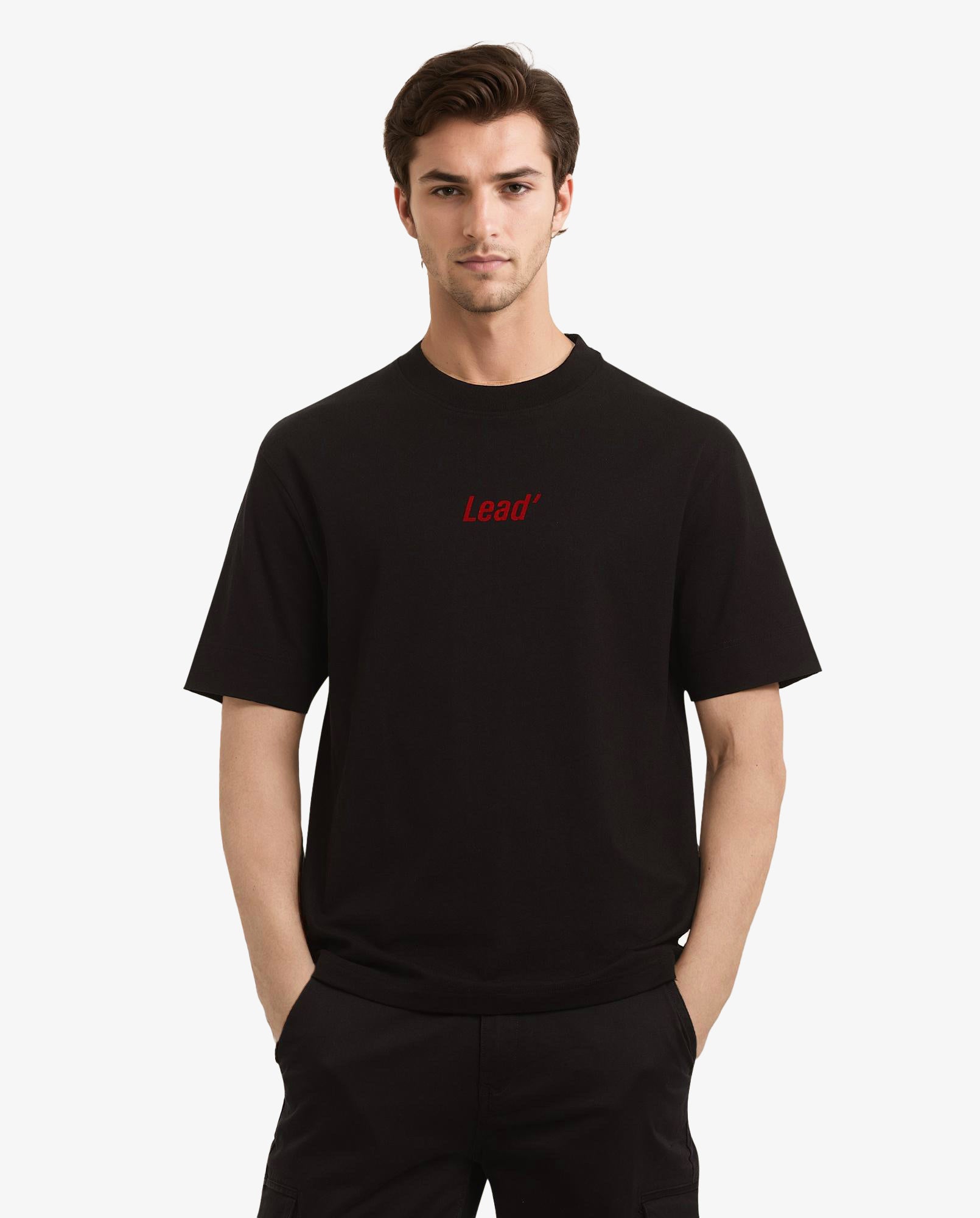 Rare Rabbit Men Lea Black Cotton Fabric Short Sleeve Crew Neck Oversized Fit Graphic Flock Print T-Shirt