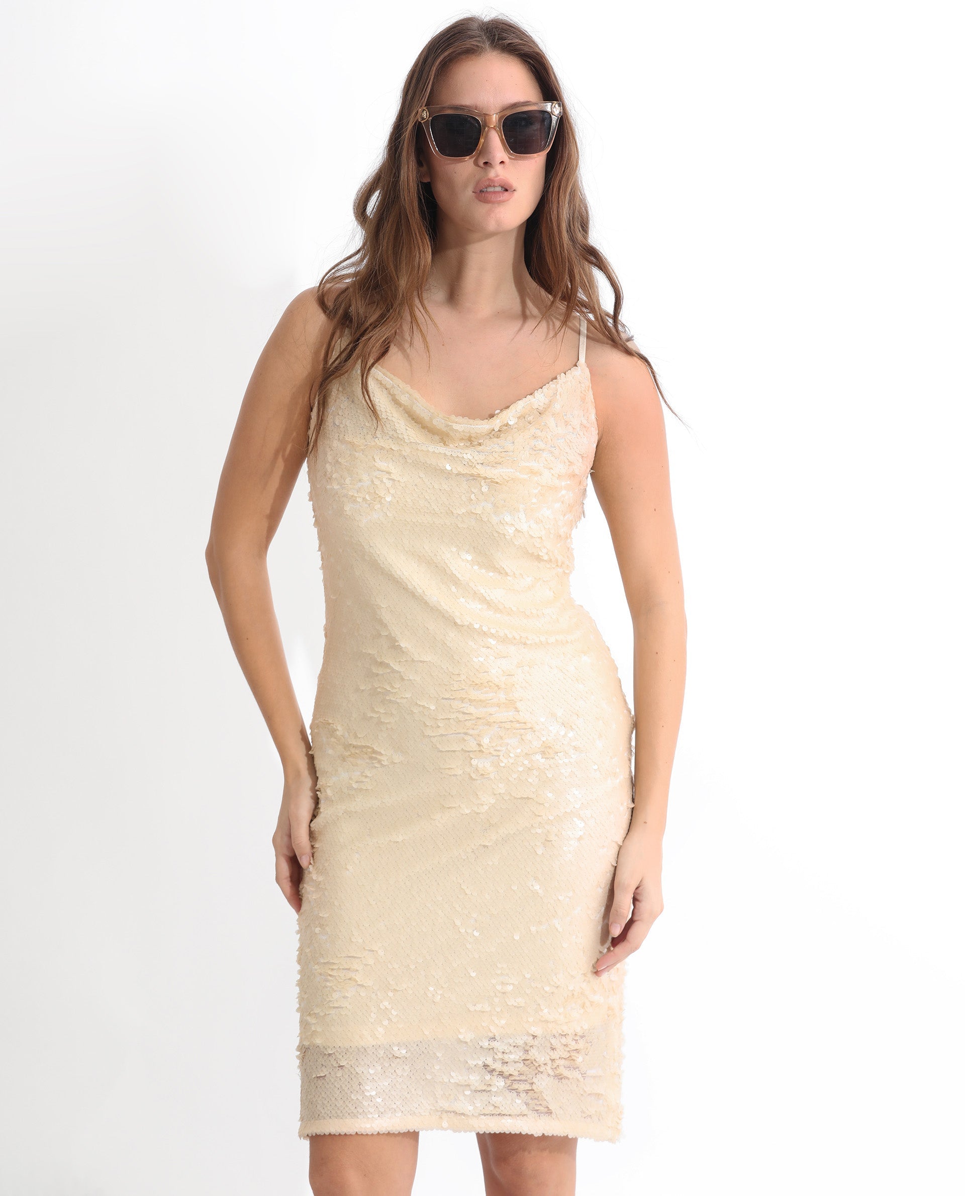 Rareism Women Leah Sheen Off White Polyester Fabric Sleeveless Shoulder Straps Regular Fit Sequined Knee Length Empire Dress