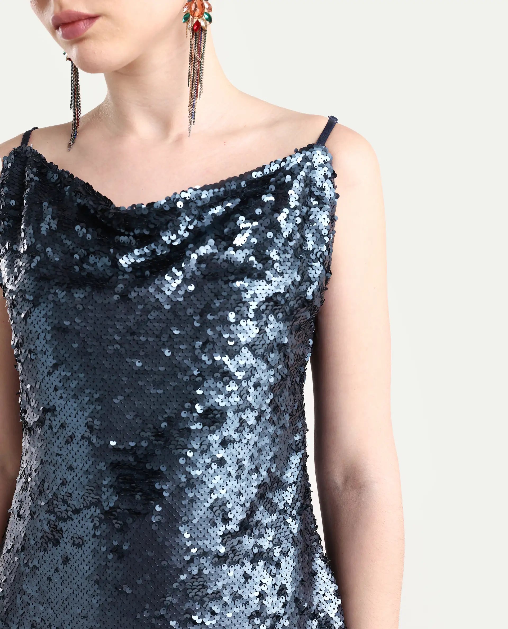 Rareism Women's Leah Sheen Blue Polyester Shoulder Strap Sequined Shoulder Strap Knee Length Regular Fit Dress