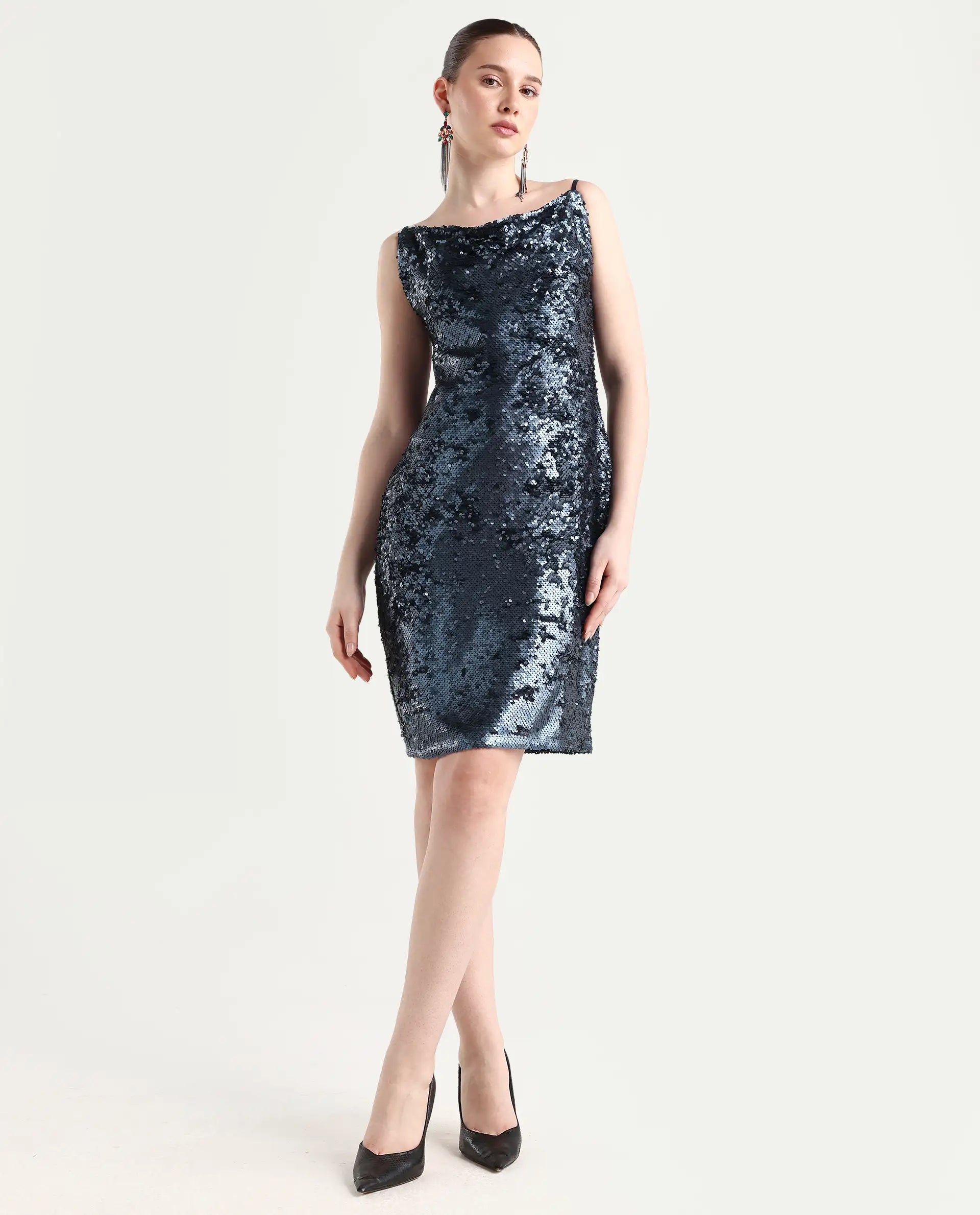 Rareism Women's Leah Sheen Blue Polyester Shoulder Strap Sequined Shoulder Strap Knee Length Regular Fit Dress