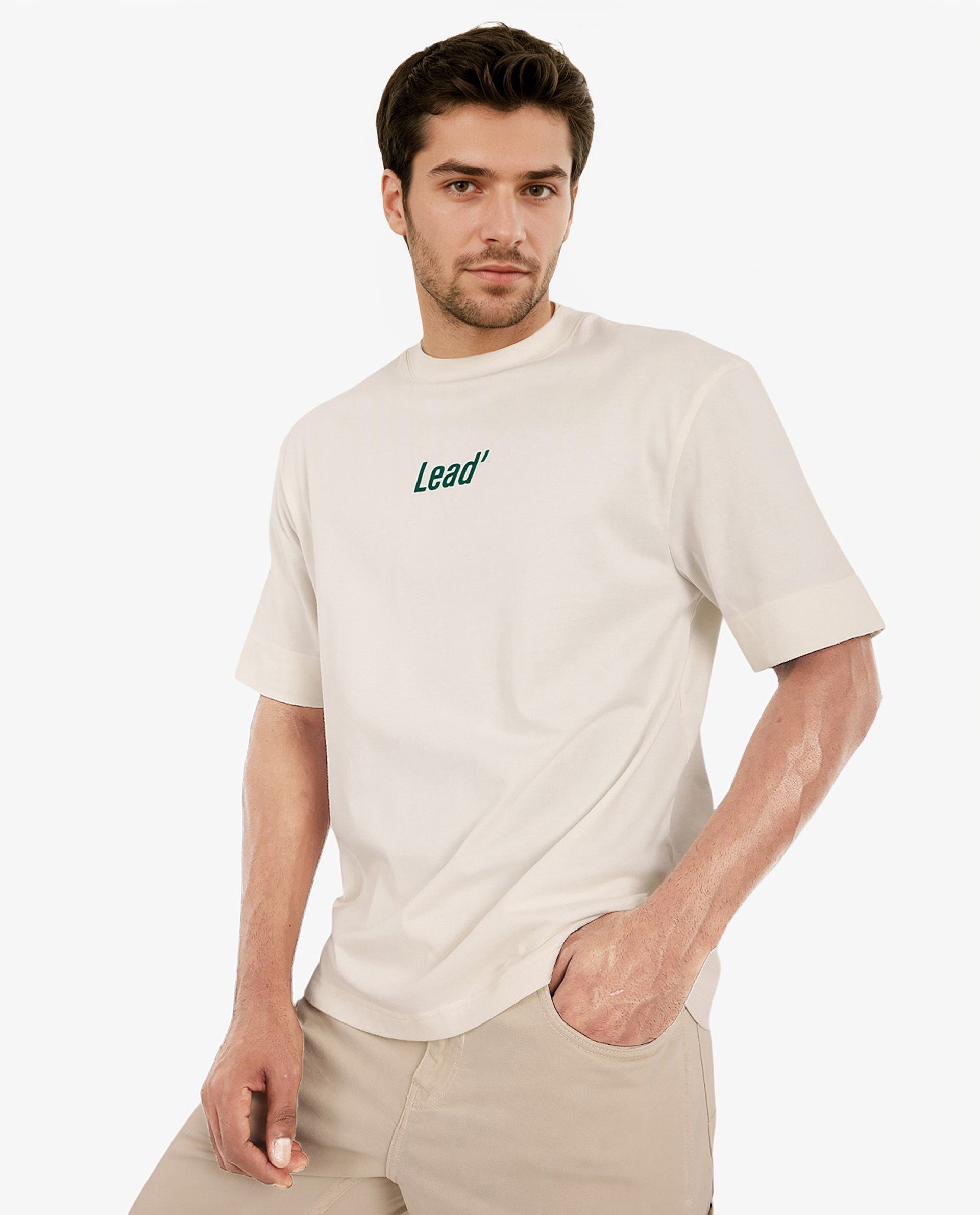 Rare Rabbit Men Lea Off White Cotton Fabric Short Sleeve Crew Neck Oversized Fit Graphic Flock Print T-Shirt