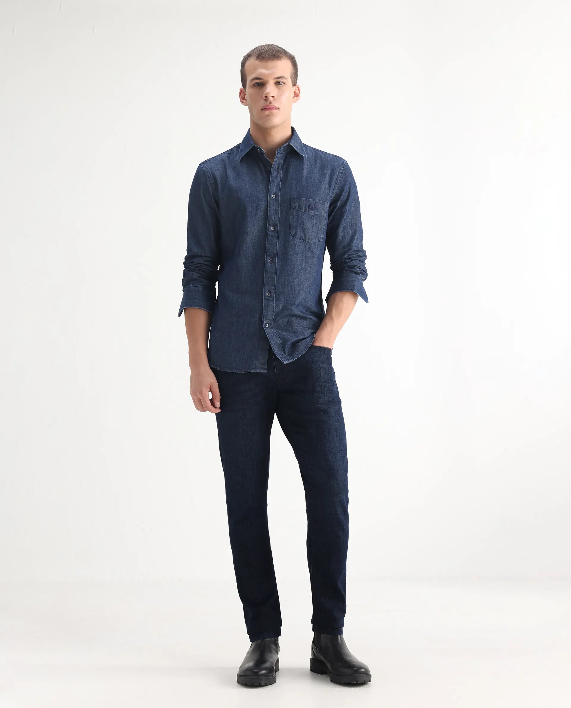 Rare Rabbit Men's Ledo Dark Navy Cotton Blend Plain Hawk Slim Fit Jeans