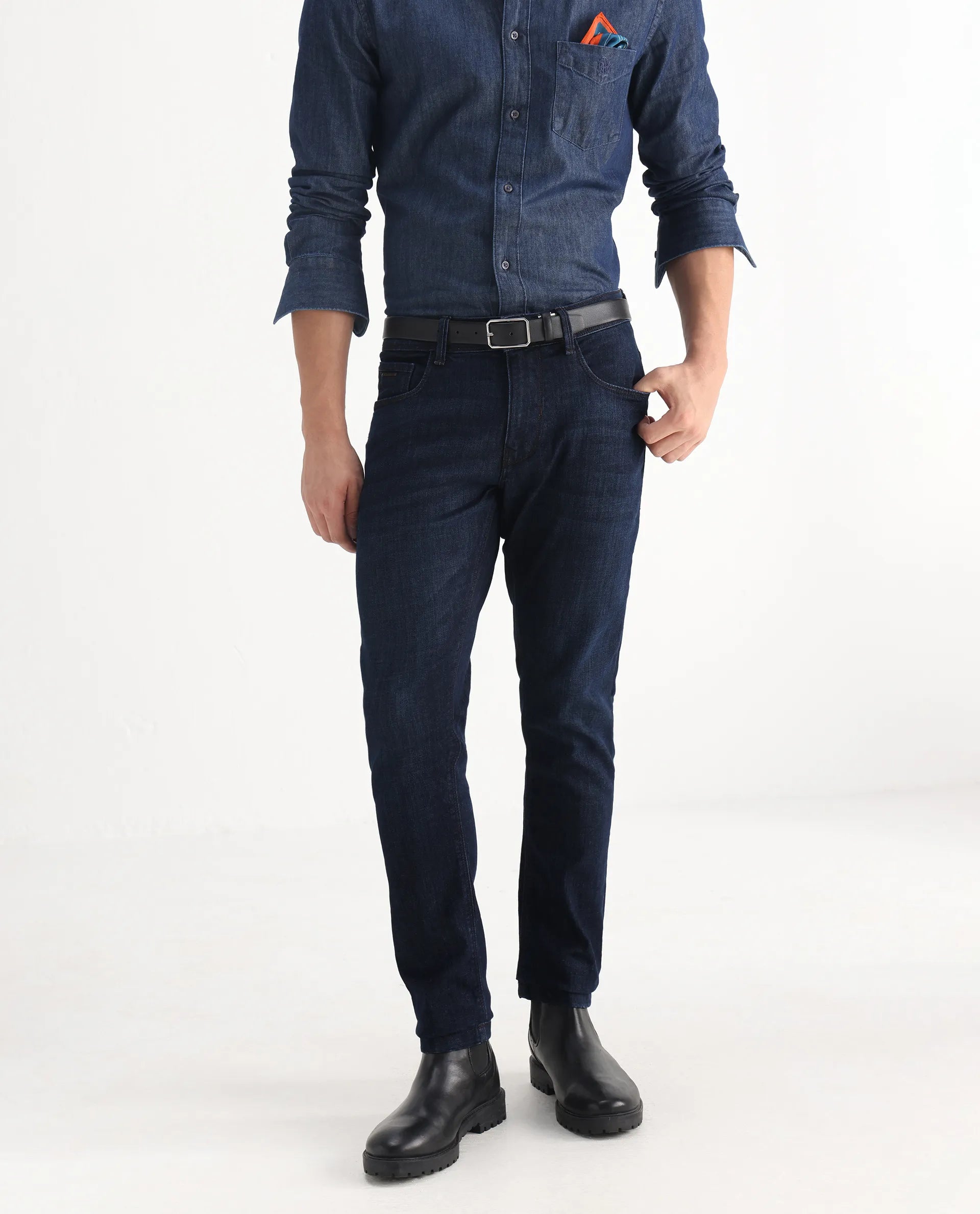 Rare Rabbit Men's Ledo Dark Navy Cotton Blend Plain Hawk Slim Fit Jeans