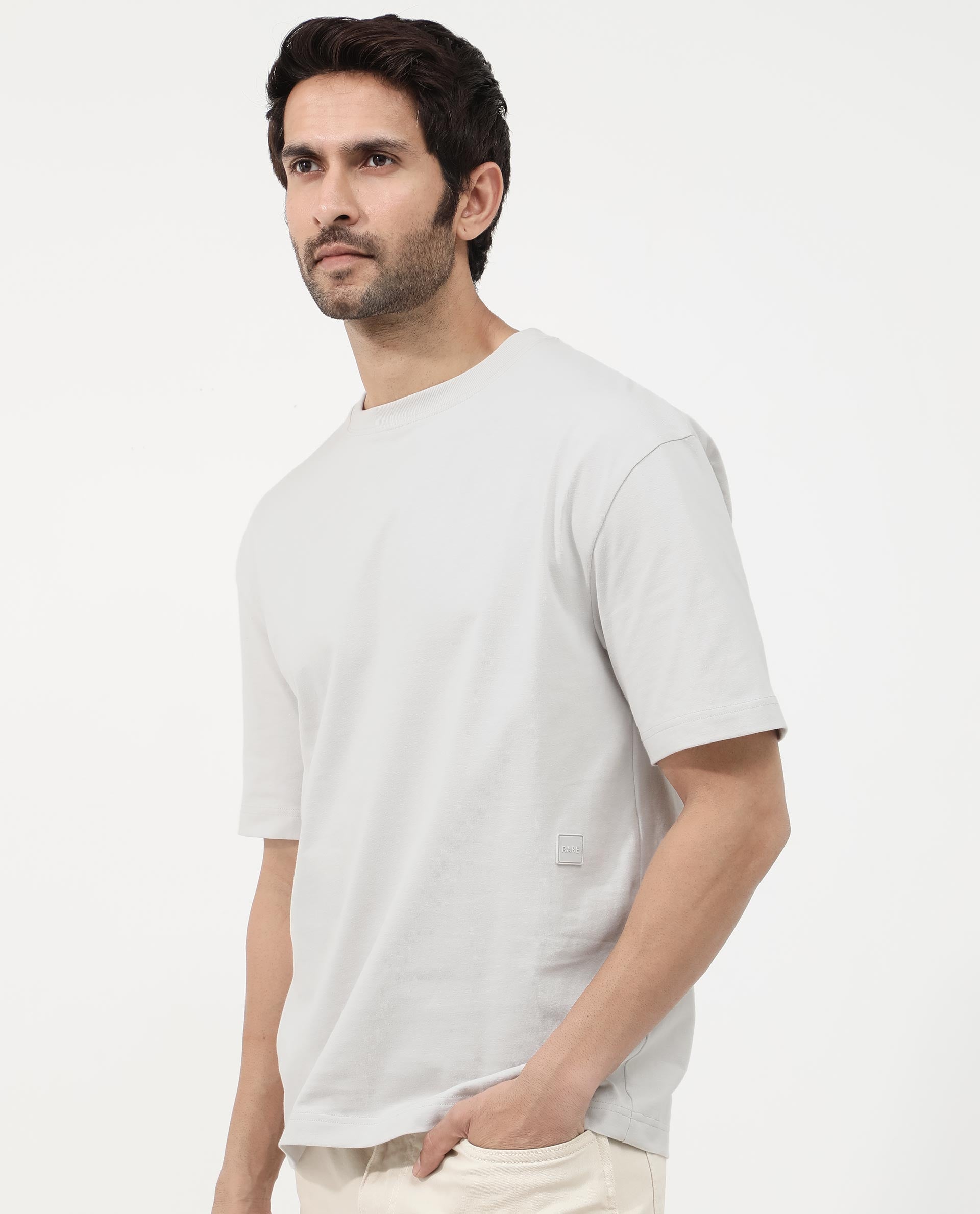 Rare Rabbit Articale Mens Lee Light Grey Cotton Fabric Short Sleeve Crew Neck Oversized Fit Graphic Printed T-Shirt