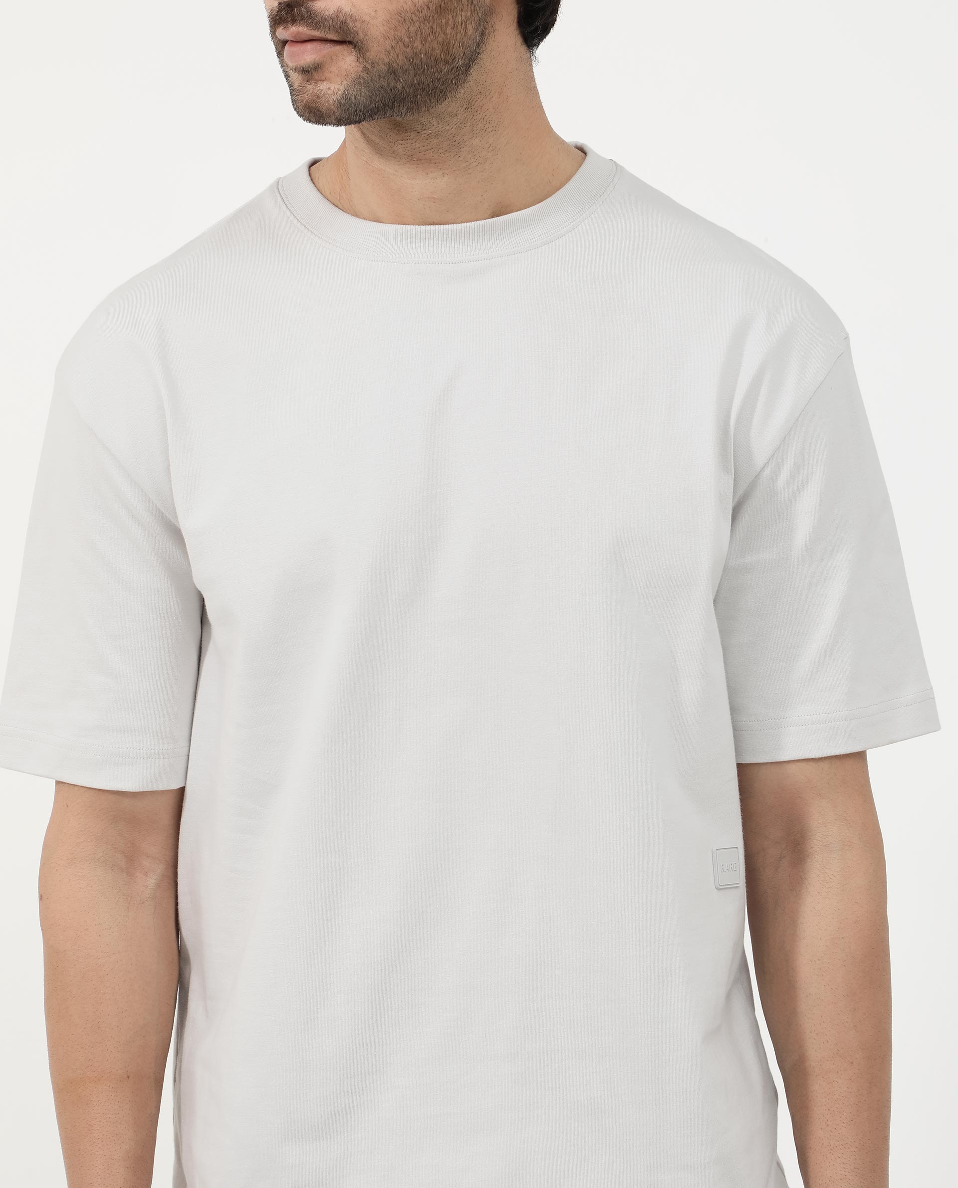 Rare Rabbit Articale Mens Lee Light Grey Cotton Fabric Short Sleeve Crew Neck Oversized Fit Graphic Printed T-Shirt