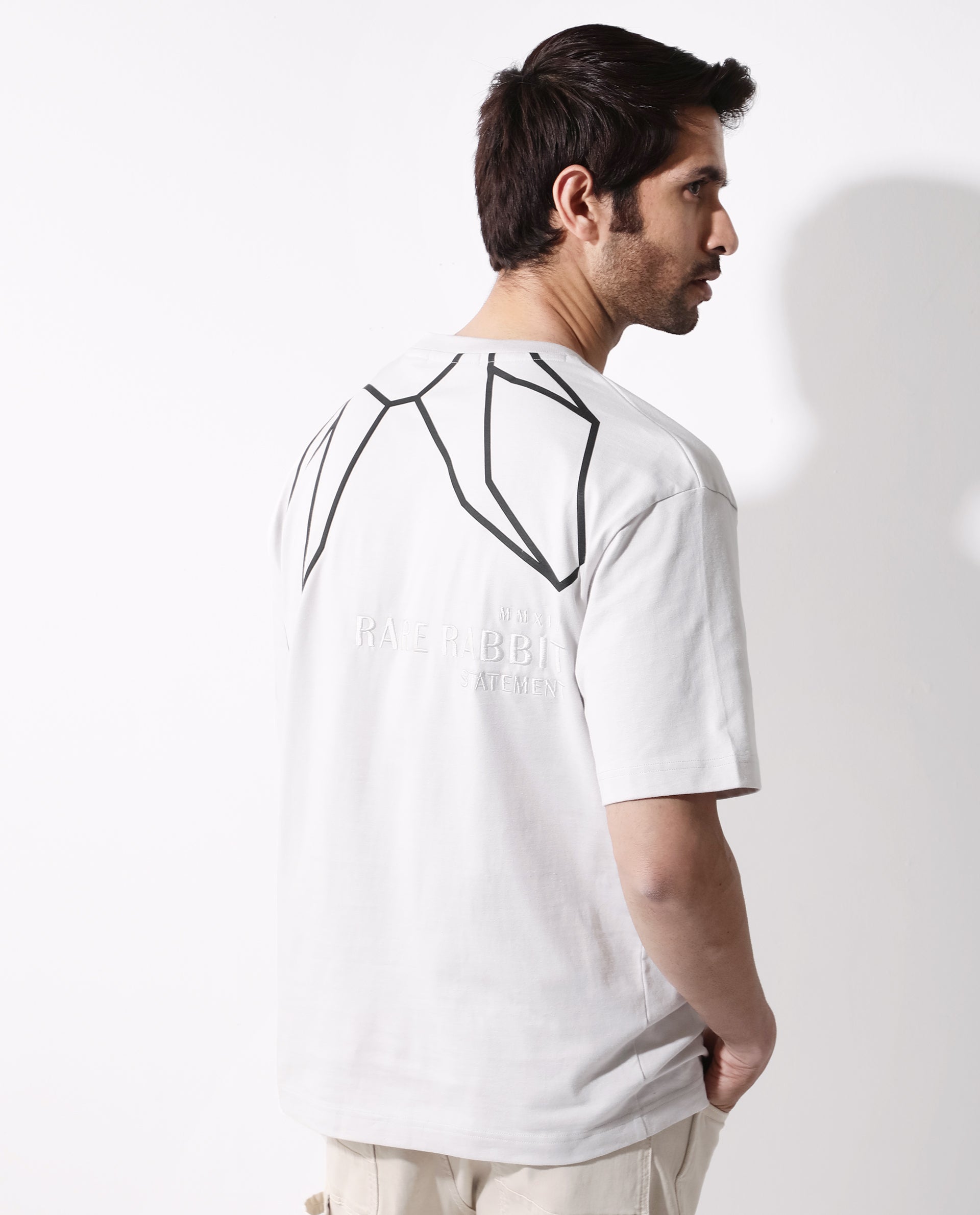 Rare Rabbit Articale Mens Lee Light Grey Cotton Fabric Short Sleeve Crew Neck Oversized Fit Graphic Printed T-Shirt