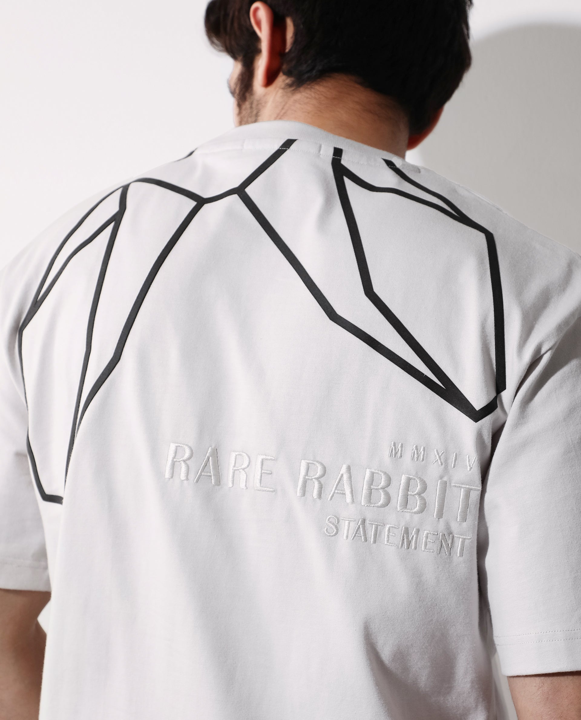 Rare Rabbit Articale Mens Lee Light Grey Cotton Fabric Short Sleeve Crew Neck Oversized Fit Graphic Printed T-Shirt