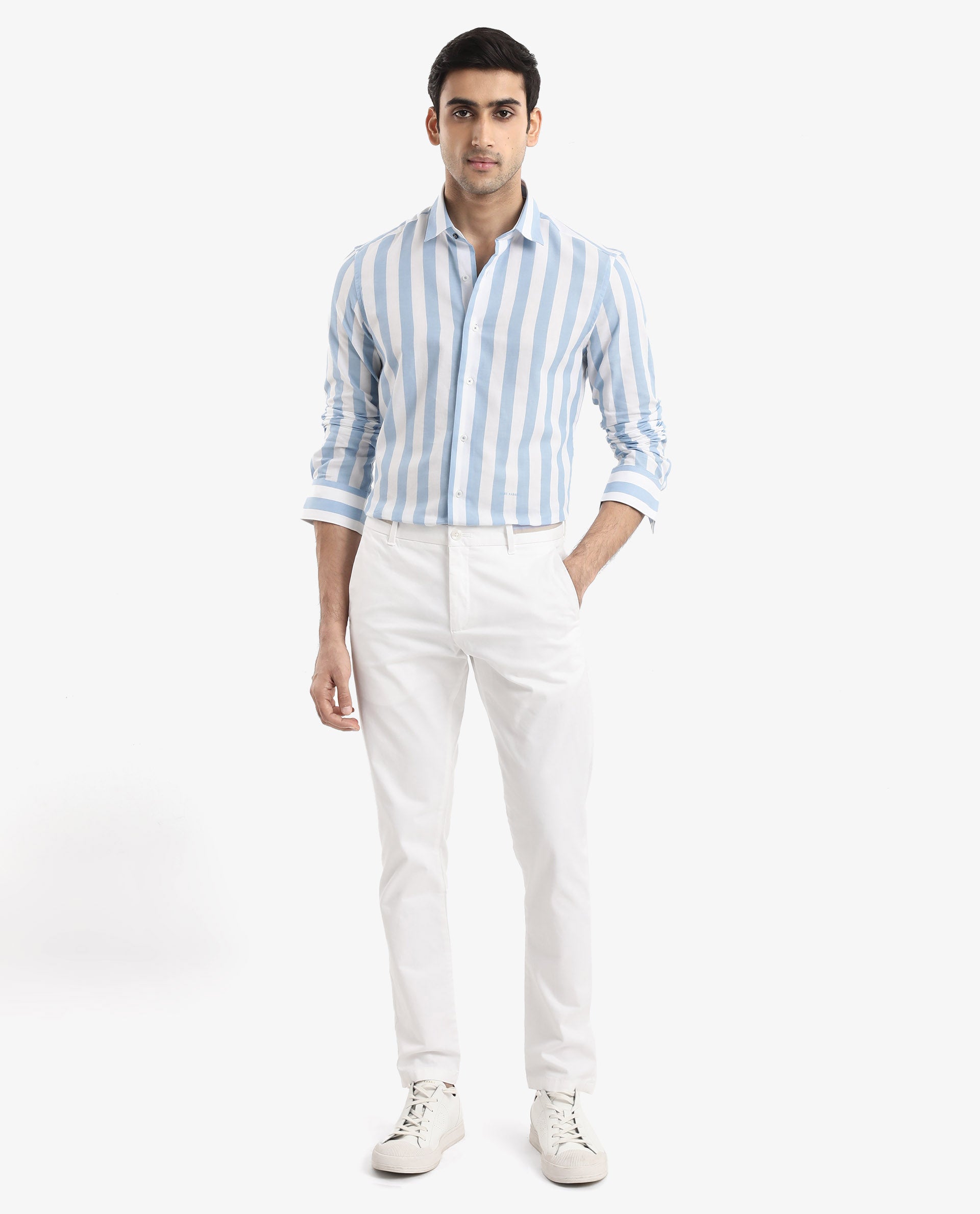 Rare Rabbit Men's Leeds Blue Cotton Fabric Full Sleeves Striped Shirt