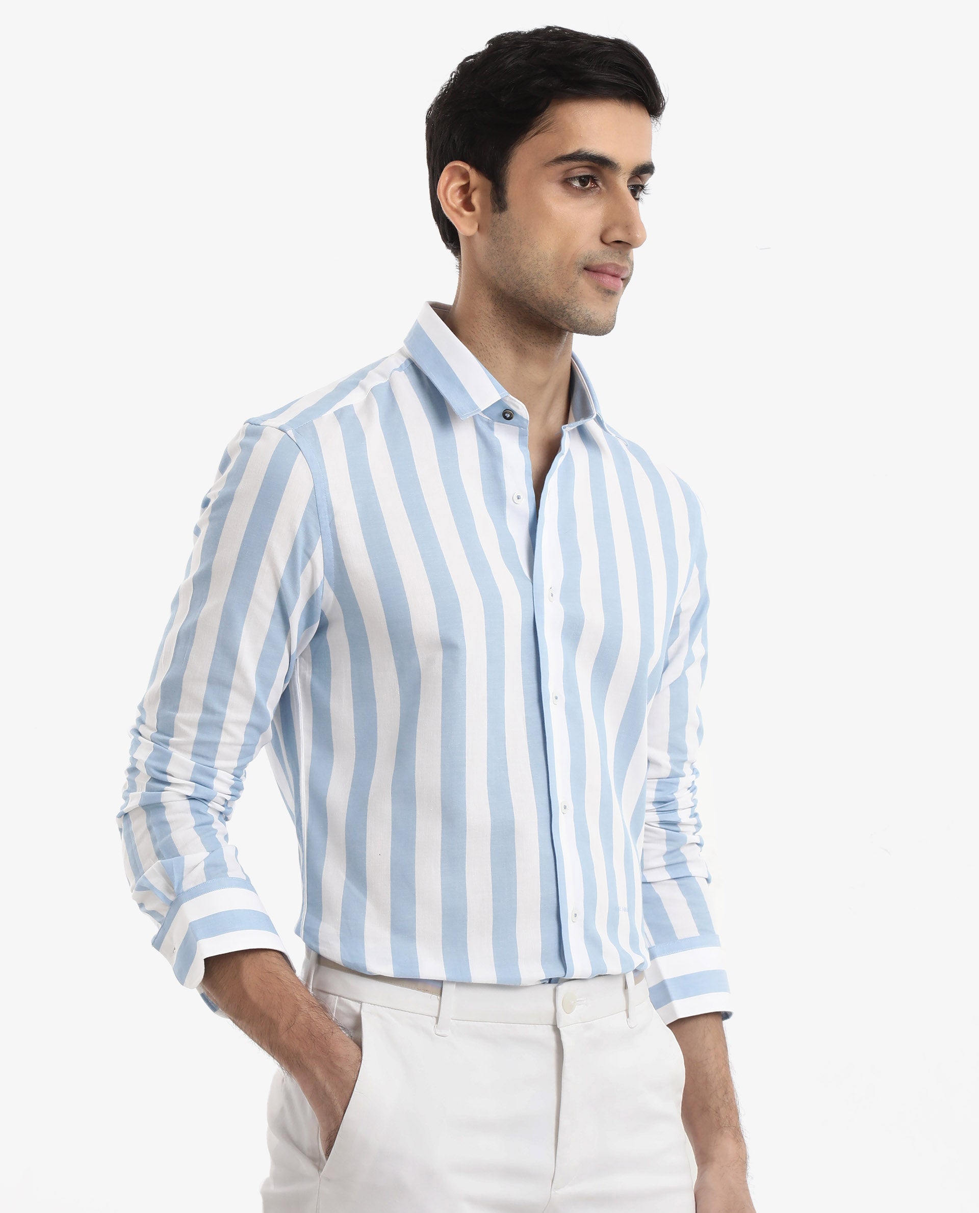 Rare Rabbit Men's Leeds Blue Cotton Fabric Full Sleeves Striped Shirt