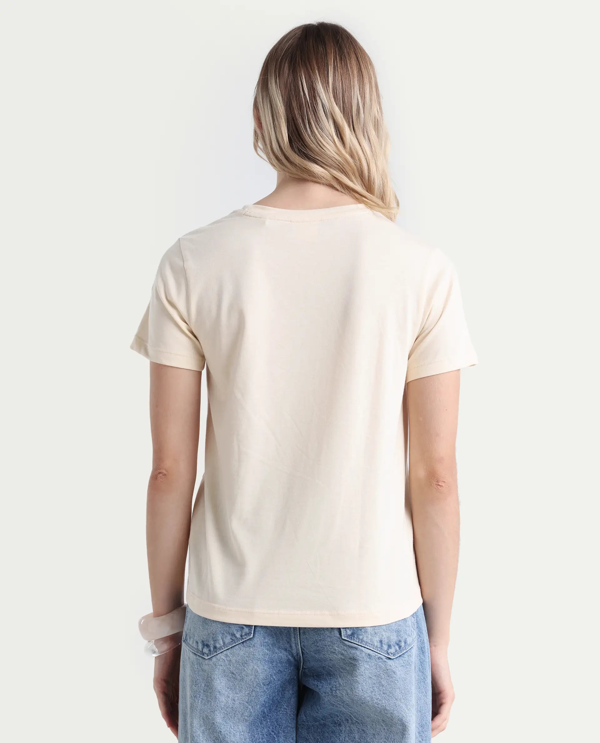 Rareism Women's Lee Light Beige Cotton Blend Crew Neck Graphic Print Regular Fit T-Shirt