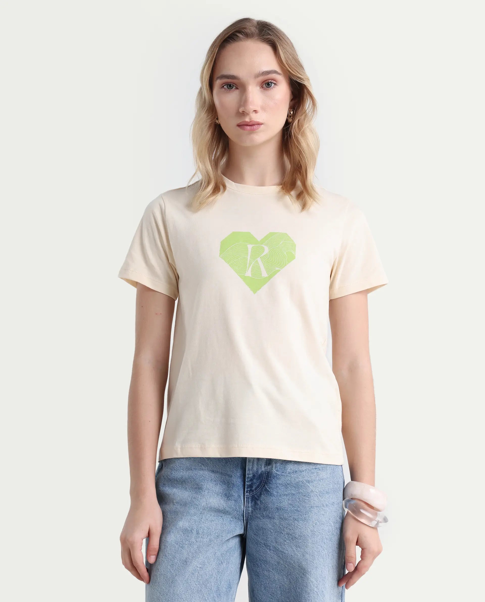 Rareism Women's Lee Light Beige Cotton Blend Crew Neck Graphic Print Regular Fit T-Shirt