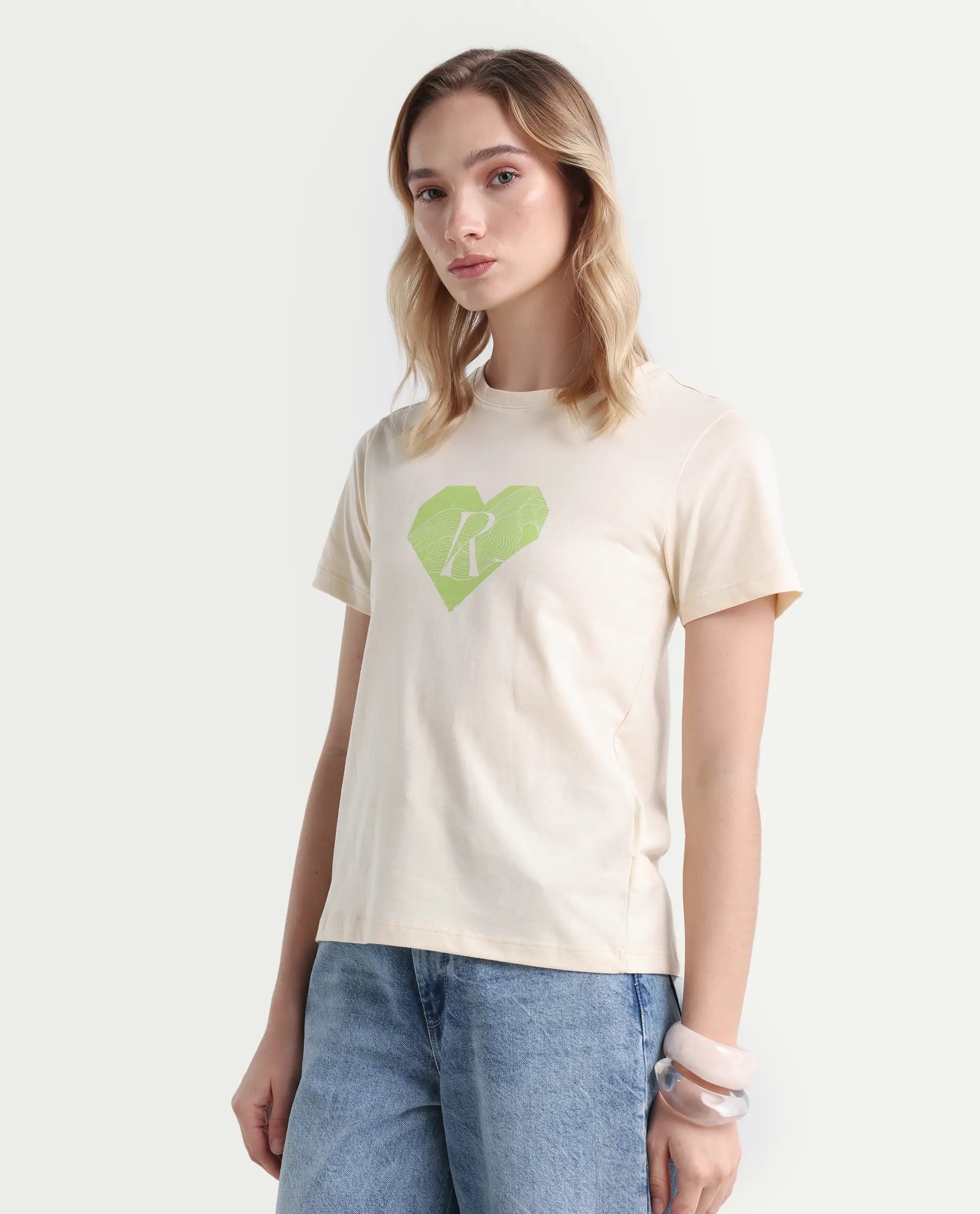 Rareism Women's Lee Light Beige Cotton Blend Crew Neck Graphic Print Regular Fit T-Shirt