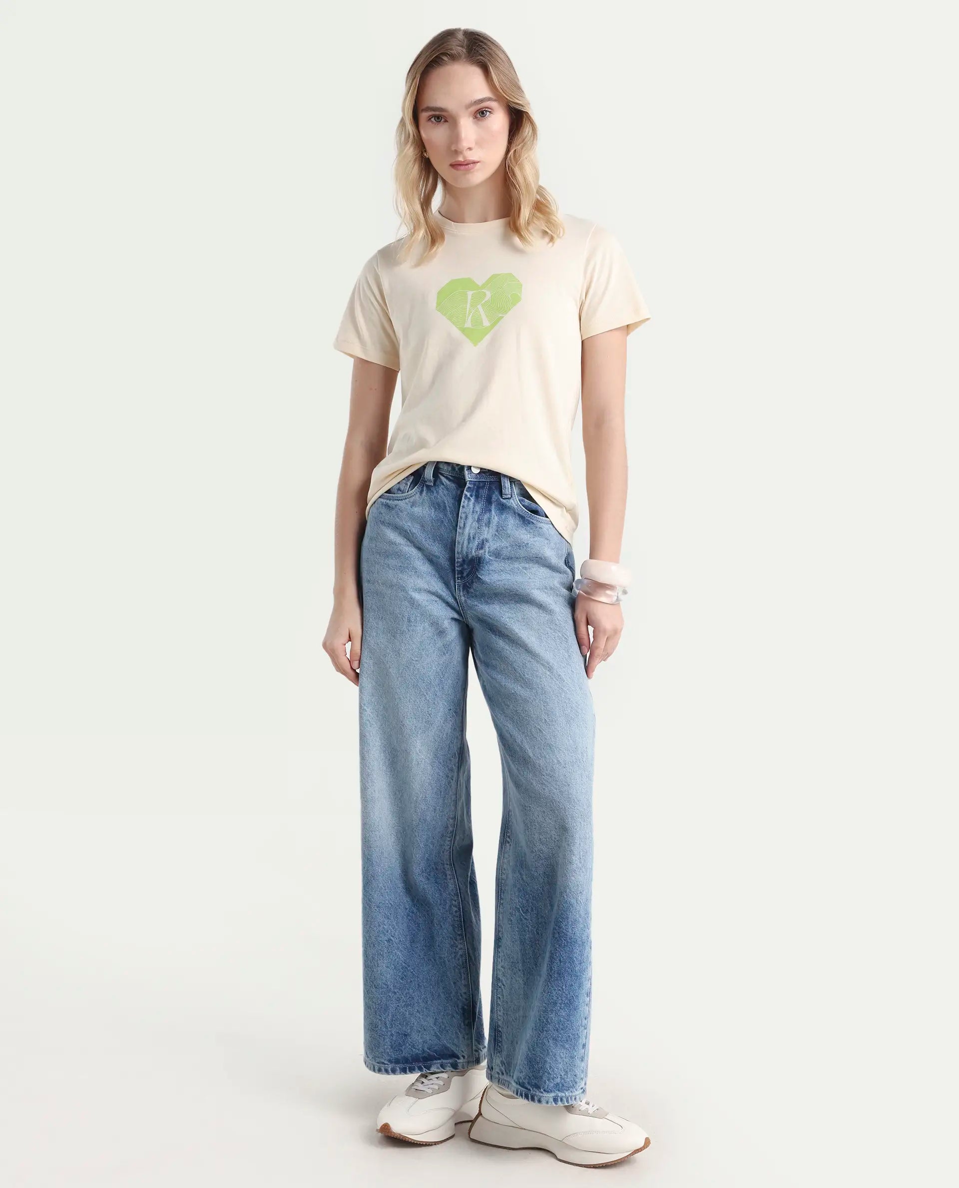 Rareism Women's Lee Light Beige Cotton Blend Crew Neck Graphic Print Regular Fit T-Shirt